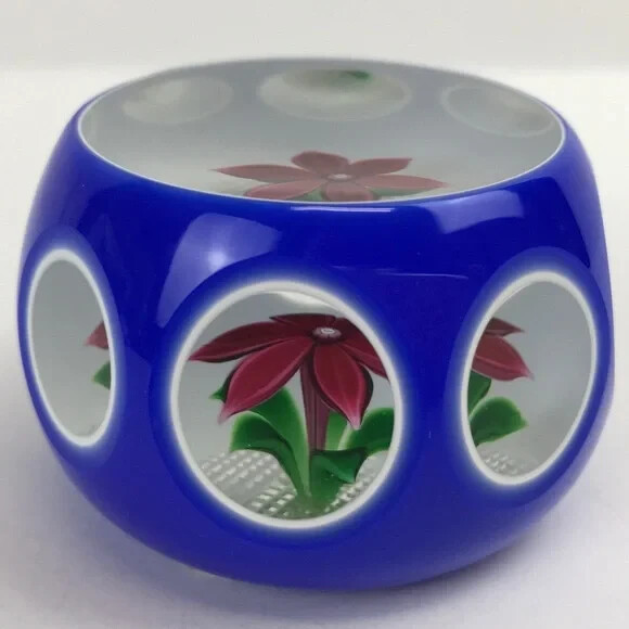 Perthshire 1979C Miniature Paperweight Overlay Lampwork Flower Faceted Box & COA