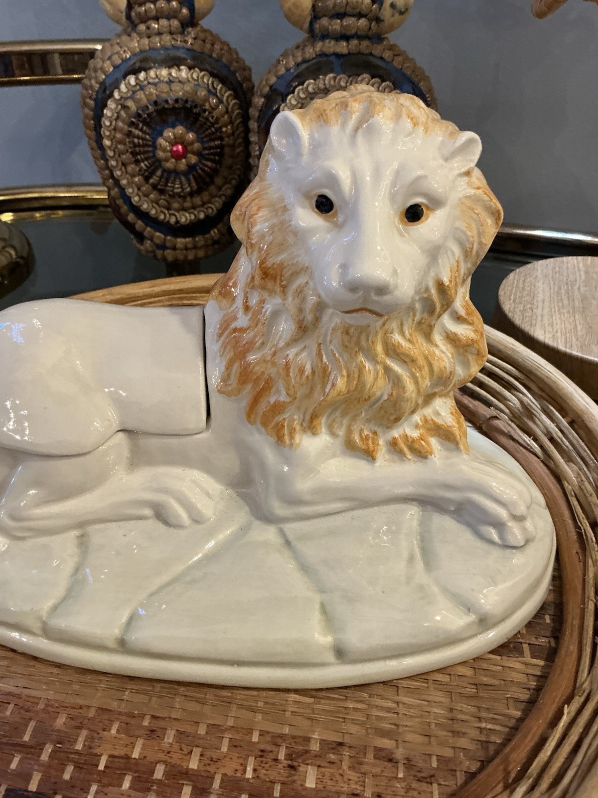 Italian Vintage Lion With Lamb Pottery Box Gold And White Box