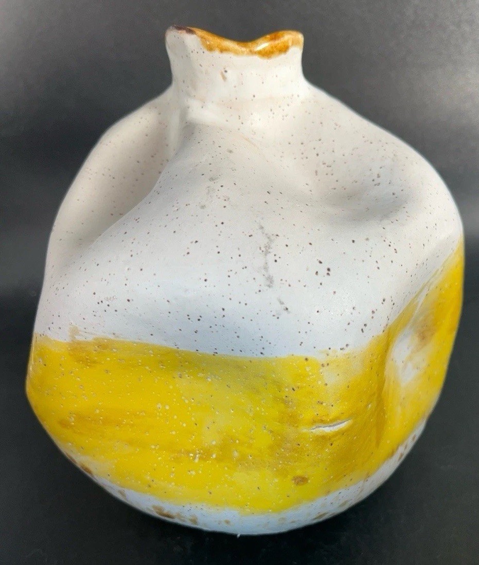Handcrafted Studio Pottery Vase Modern Organic Pinched Form Yellow Glaze Signed