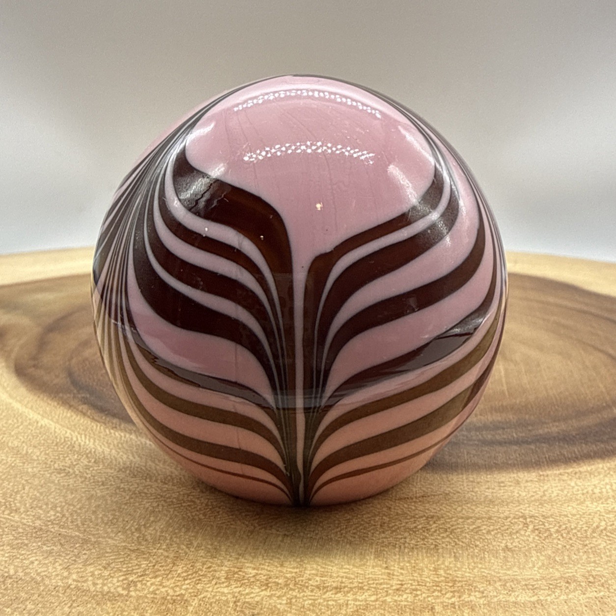 Vintage Cased Glass Pink & Maroon Art Glass Paperweight Pulled Feather Design