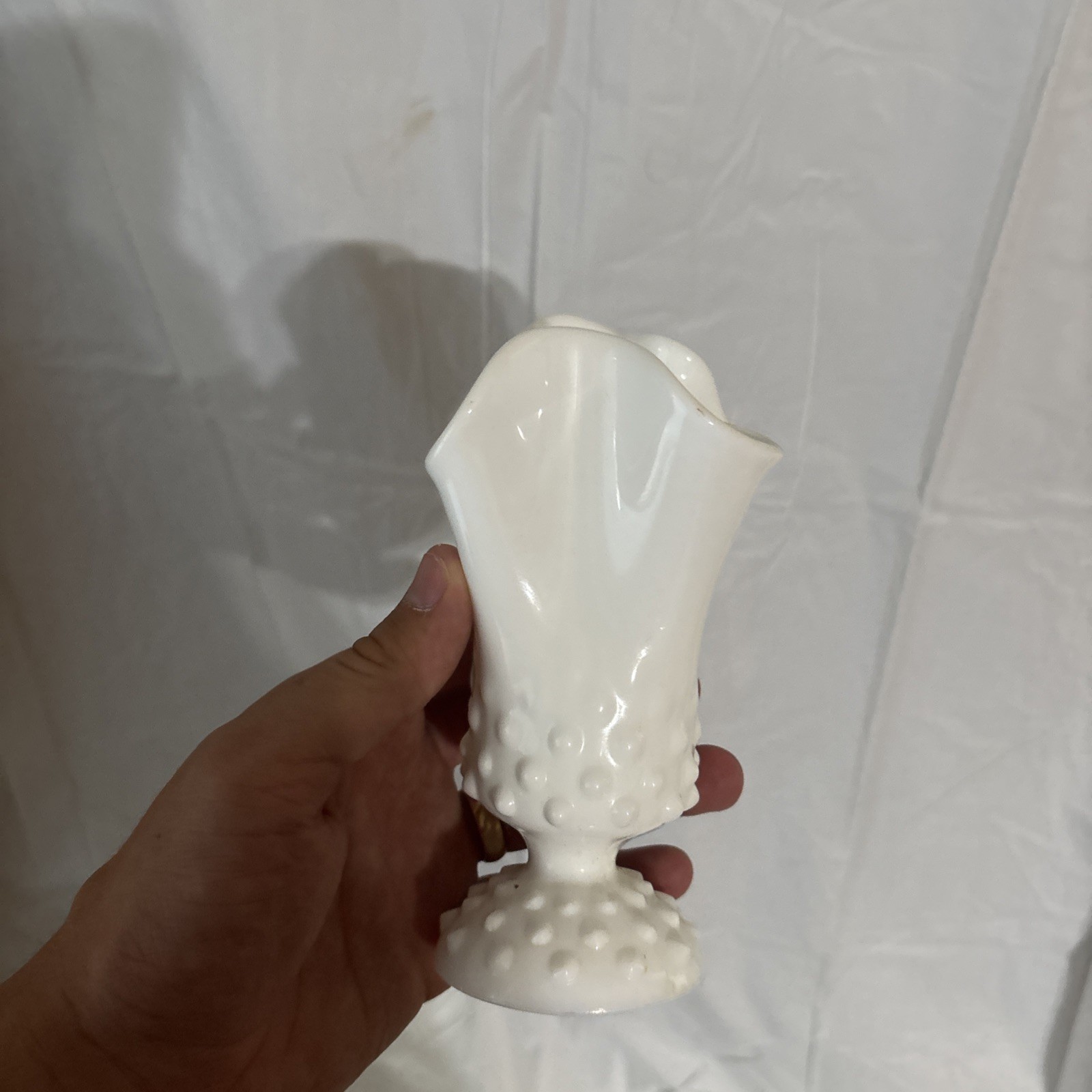 Vintage Fenton White Milk Glass Handkerchief Hobnail Pedestal Vase