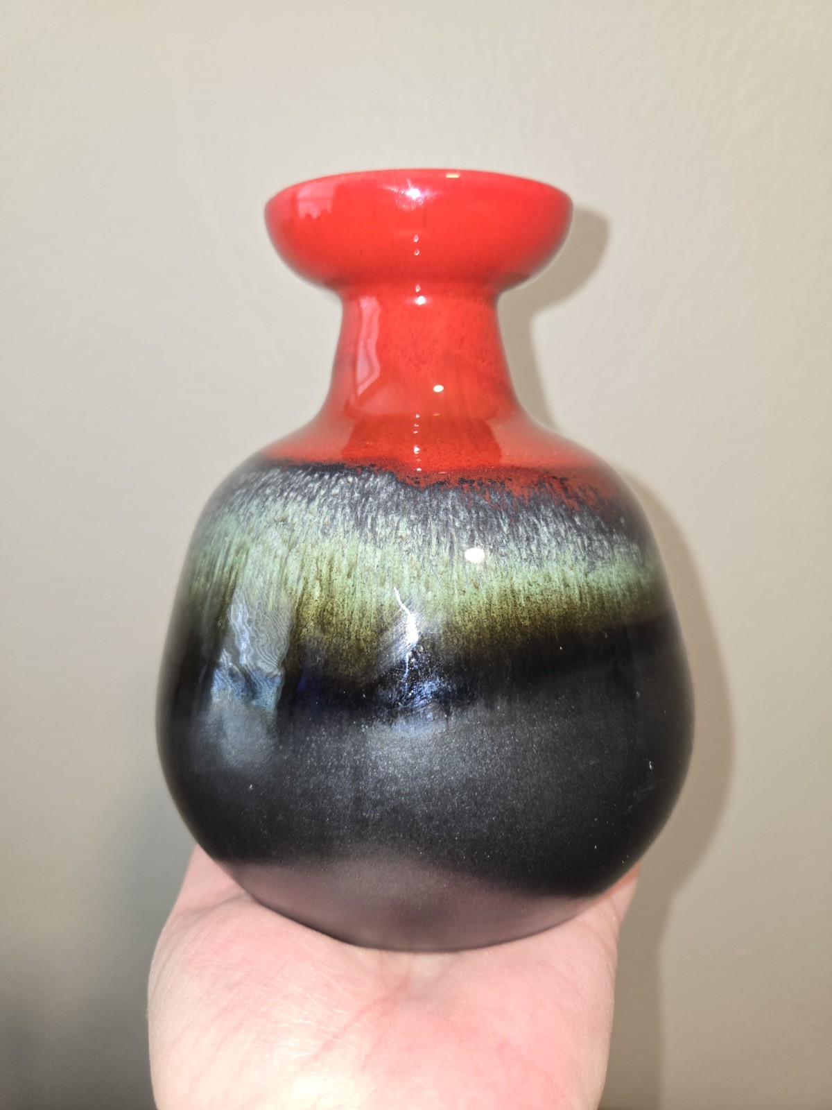 Hutschenreuther Style Fat Lava Bulbous Vase, Glossy Red, Green, And Black Matte