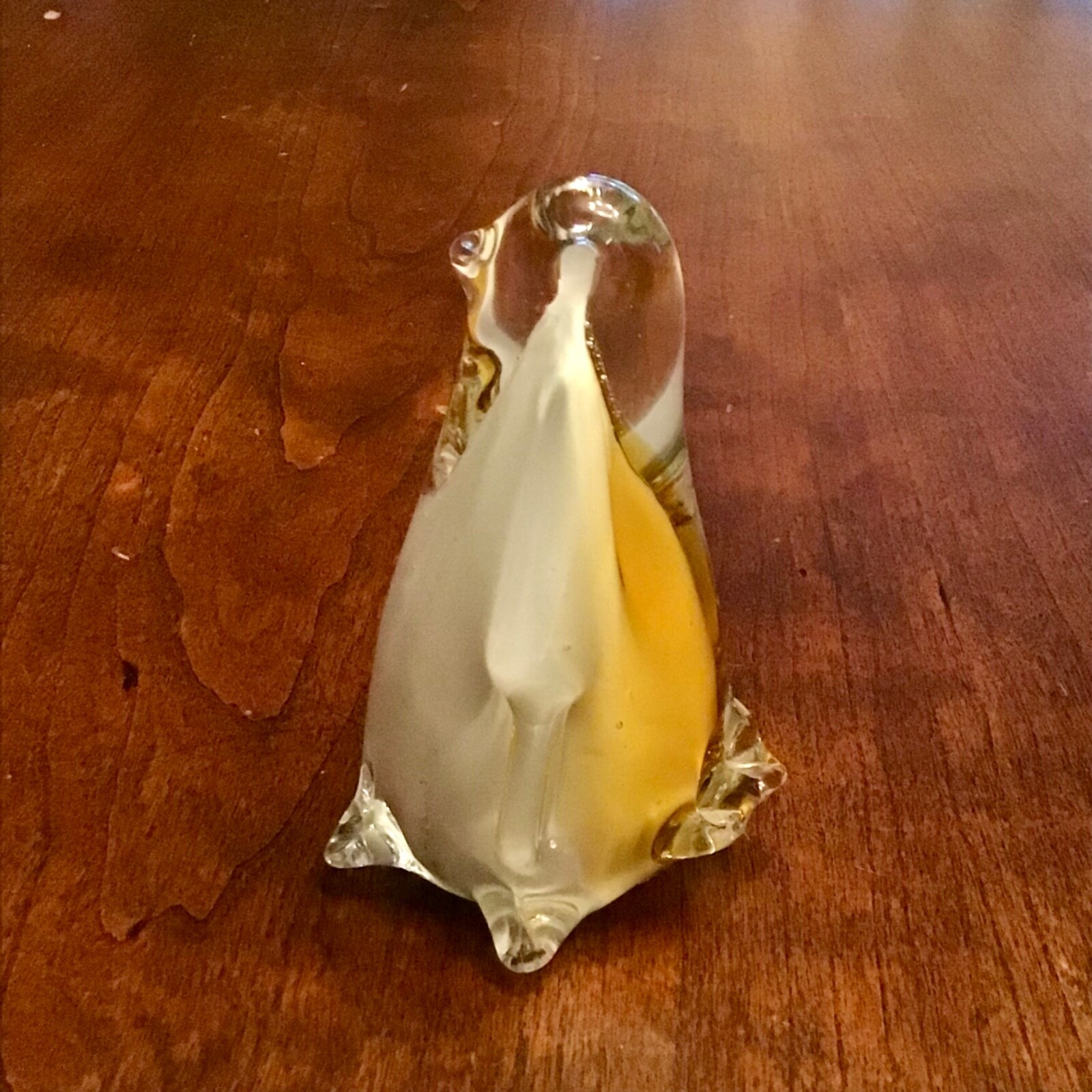 Murano Style Art Glass PENGUIN Figurine Paperweight Cased Clear White & Amber
