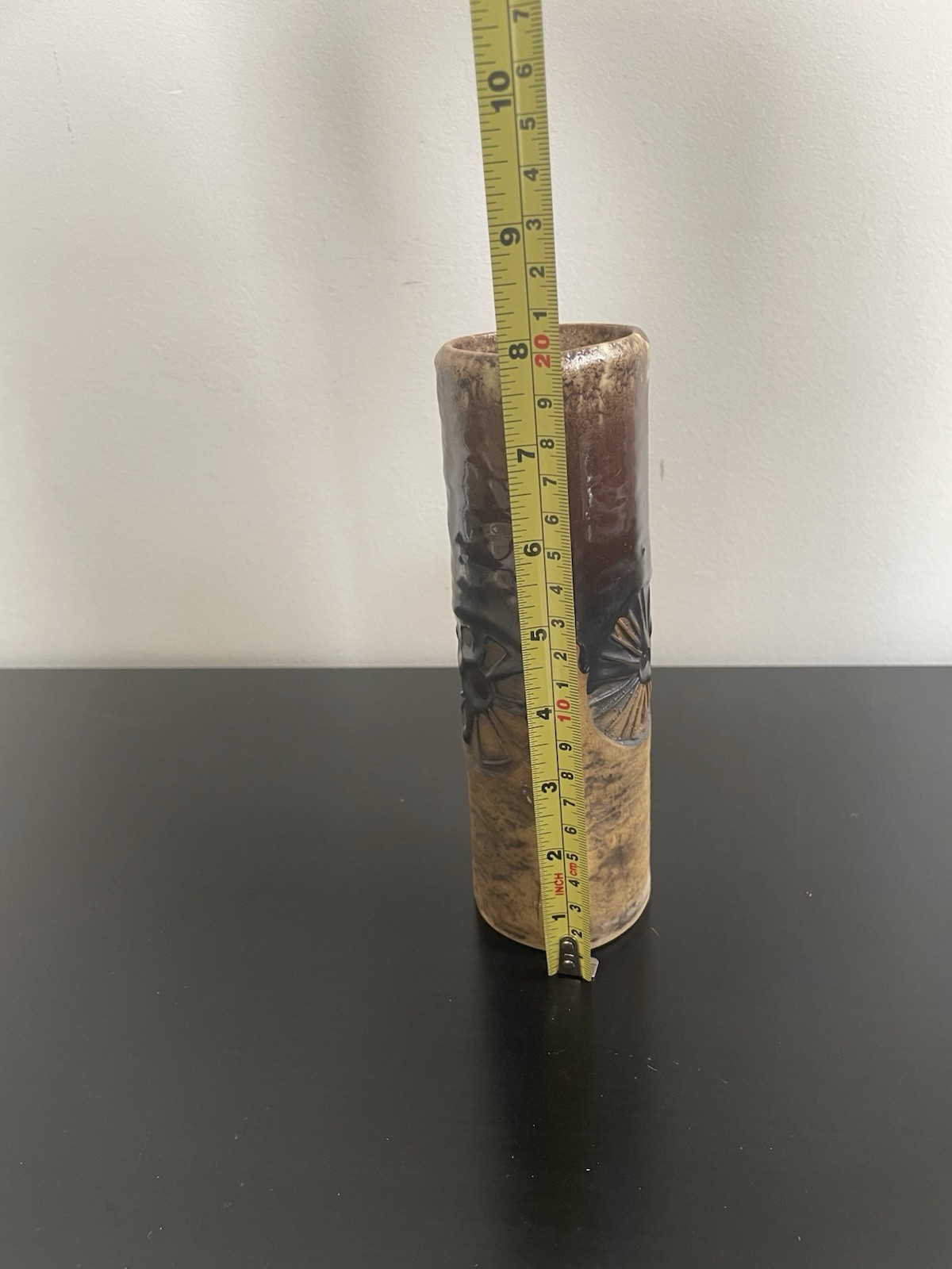 Vintage Unique Cylindrical Studio Art Pottery Vase 8” W/ Sun Images, Stamped