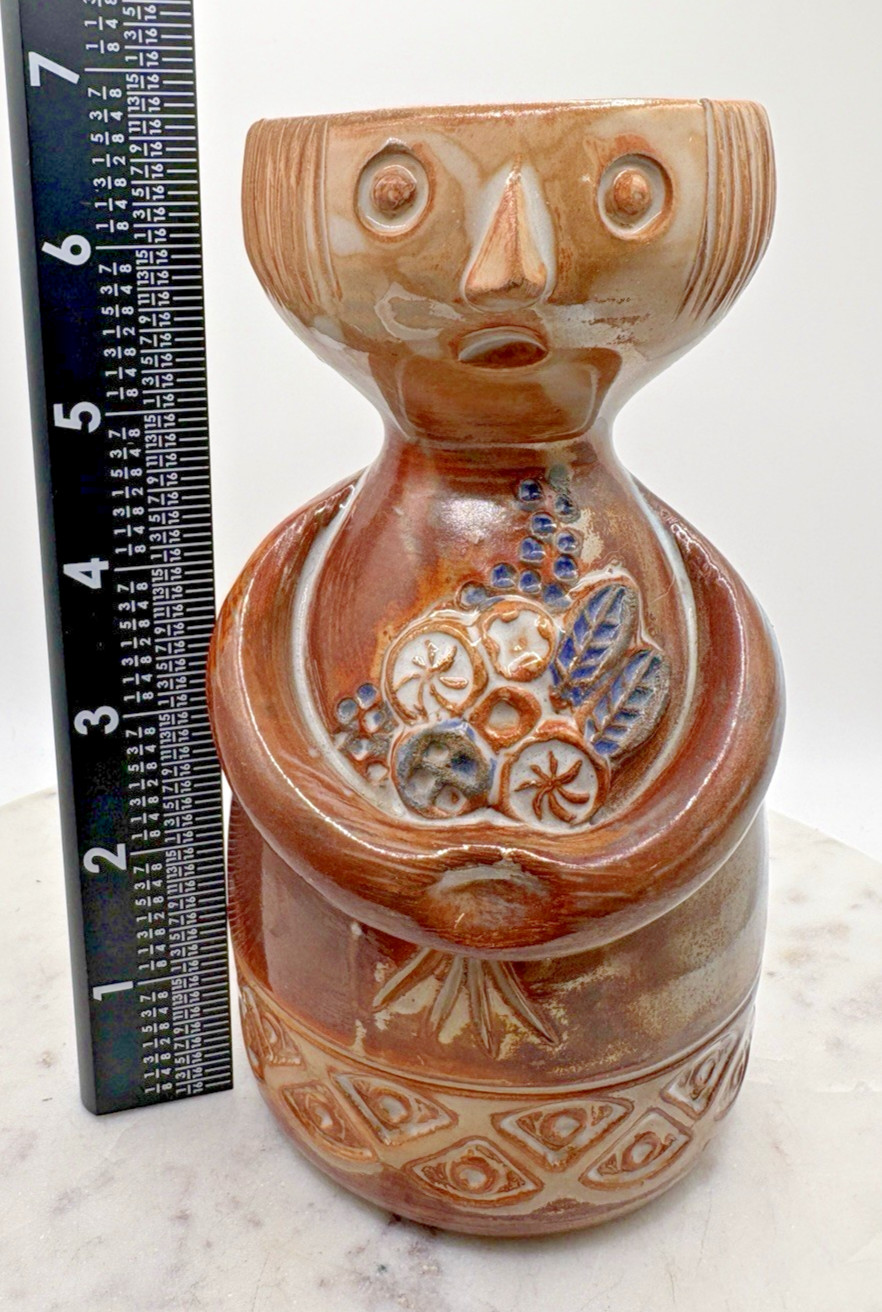 Vintage Vase Pottery With Face And Flowers La Maison du Potier 6.75″