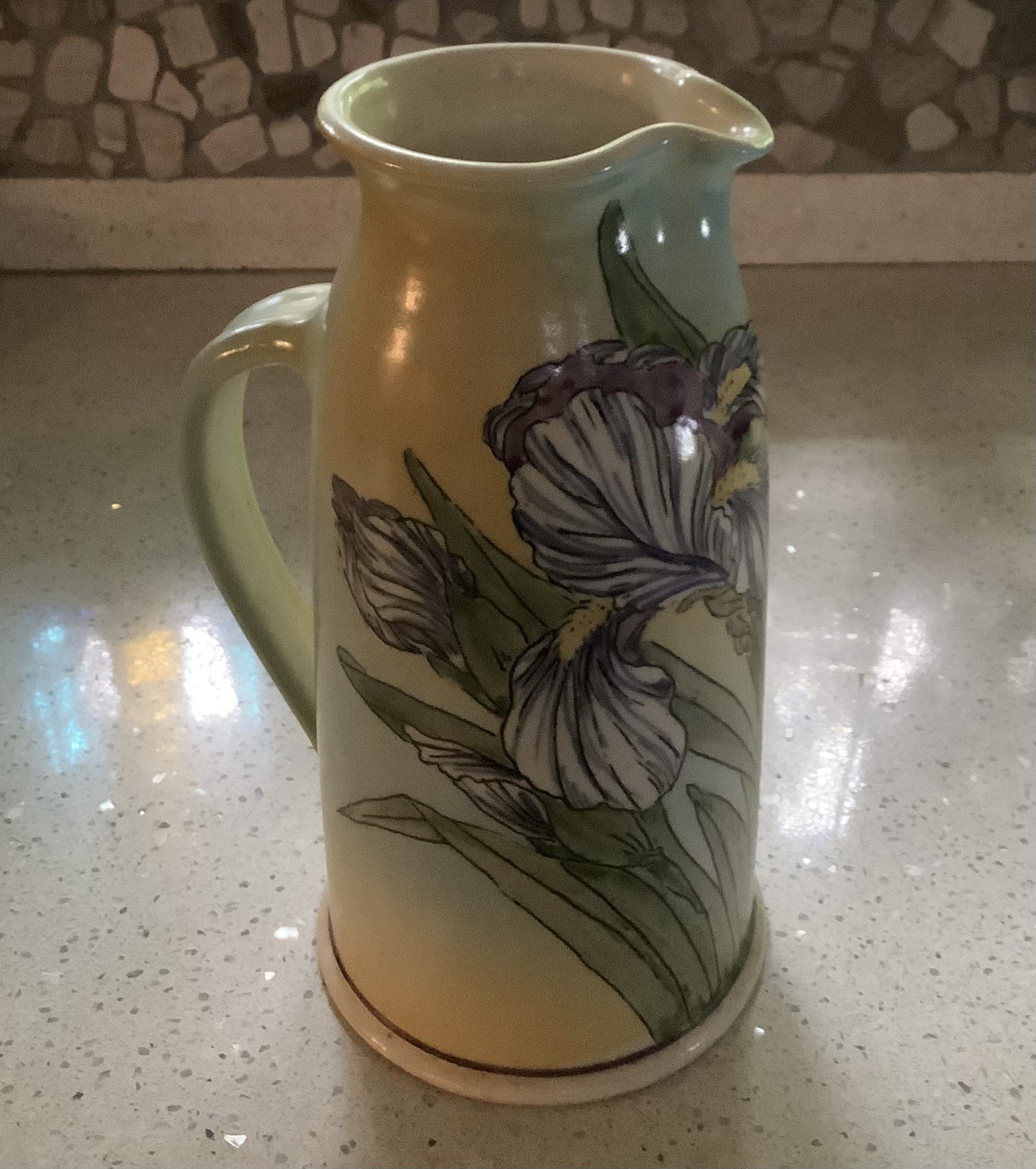 1980 SANTA BARBARA CERAMICS 10” Pitcher/Vase, Hand Painted IRIS, MINT