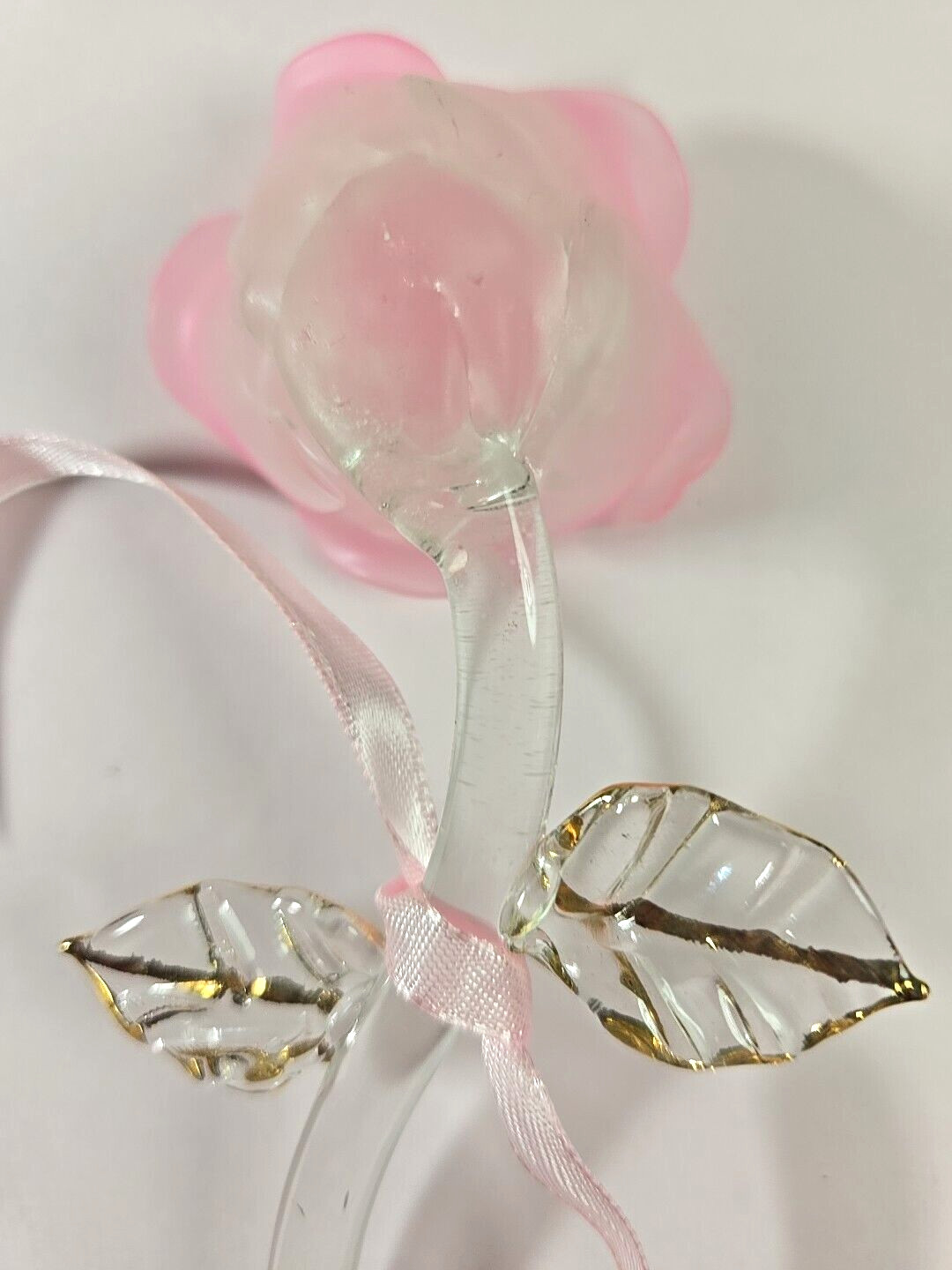2″x6″ Blown Glass Pink Rose Art Glass Sculpture with Pink Ribbon