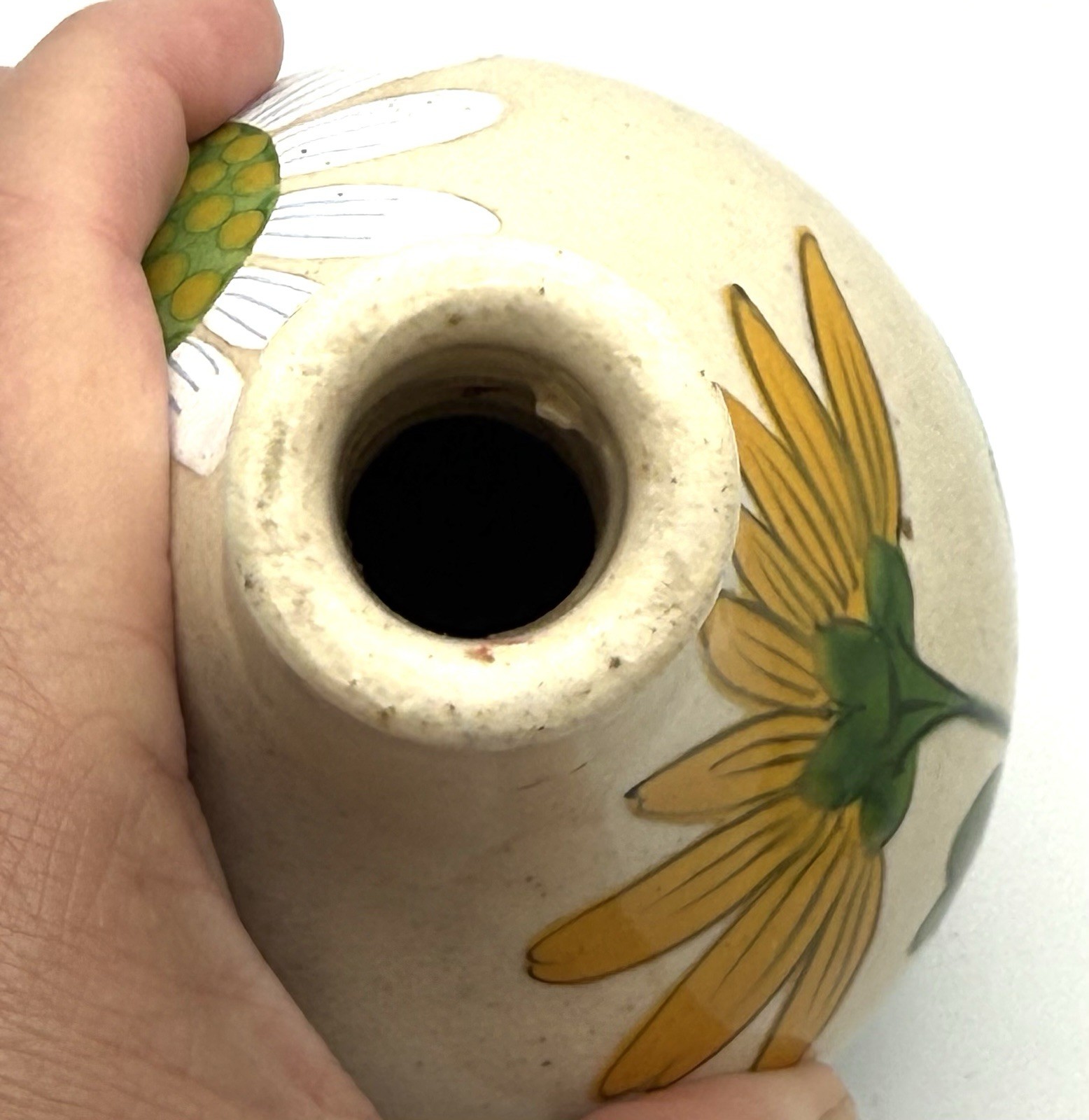 Pottery Bud Vase Painted Daisy Flowers 6.25” X 3.25 in Vintage Stoneware Rare