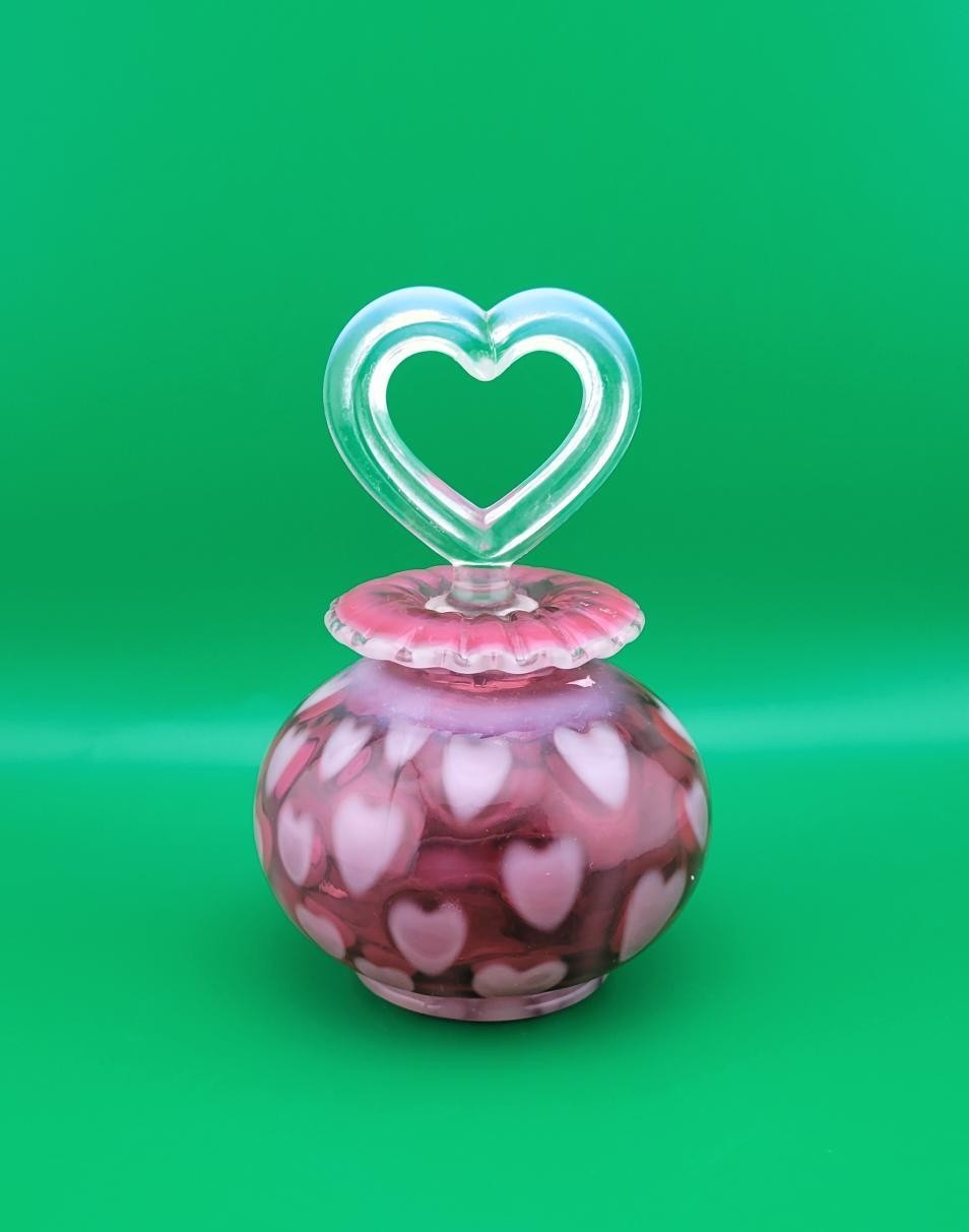 Fenton Cranberry Opalescent Heart Optic Glass Perfume Bottle Vintage Hearts