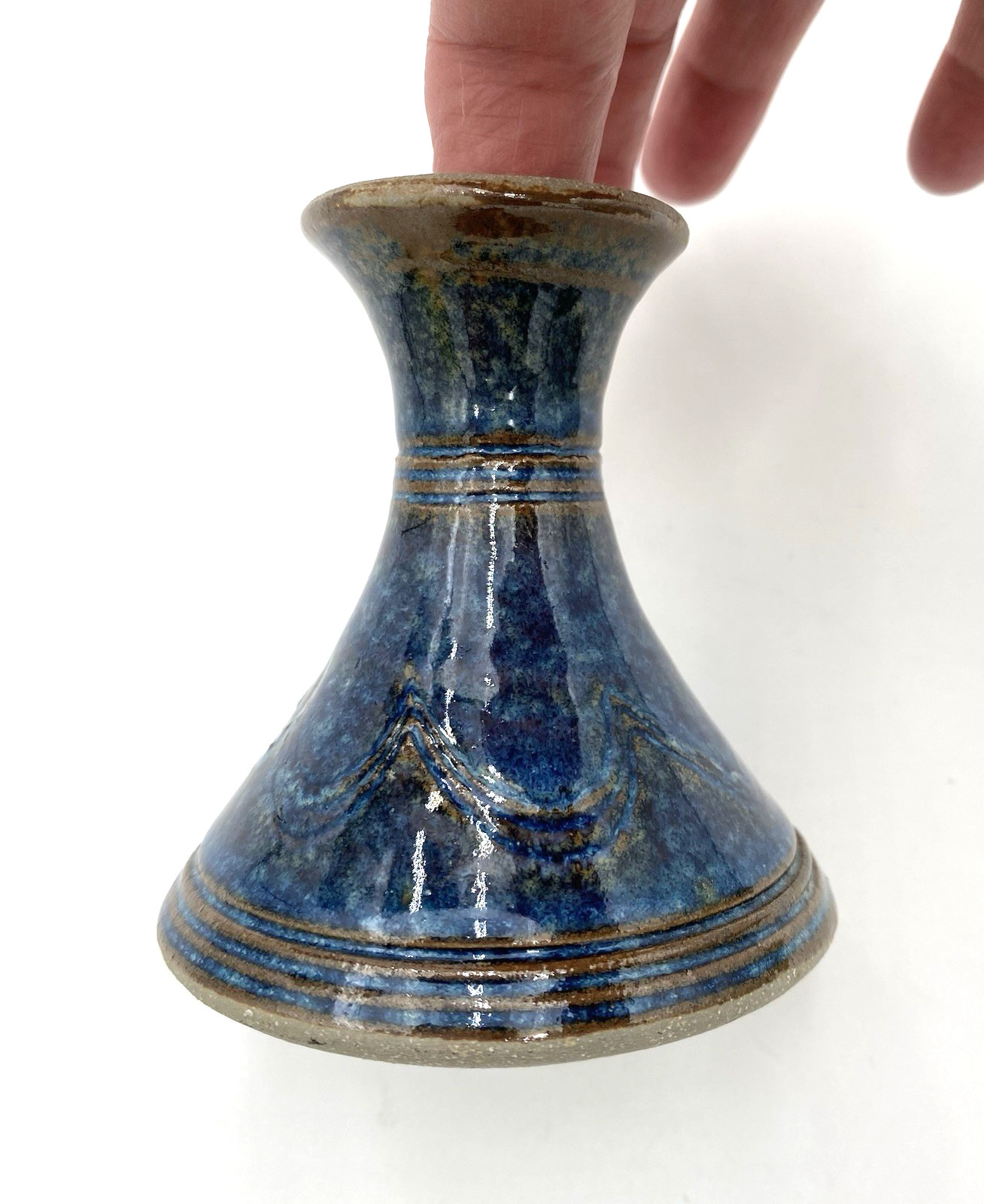 Studio Pottery Bud Vase, Blue Glaze, Brown Sgraffito Swag Design, 3.3″