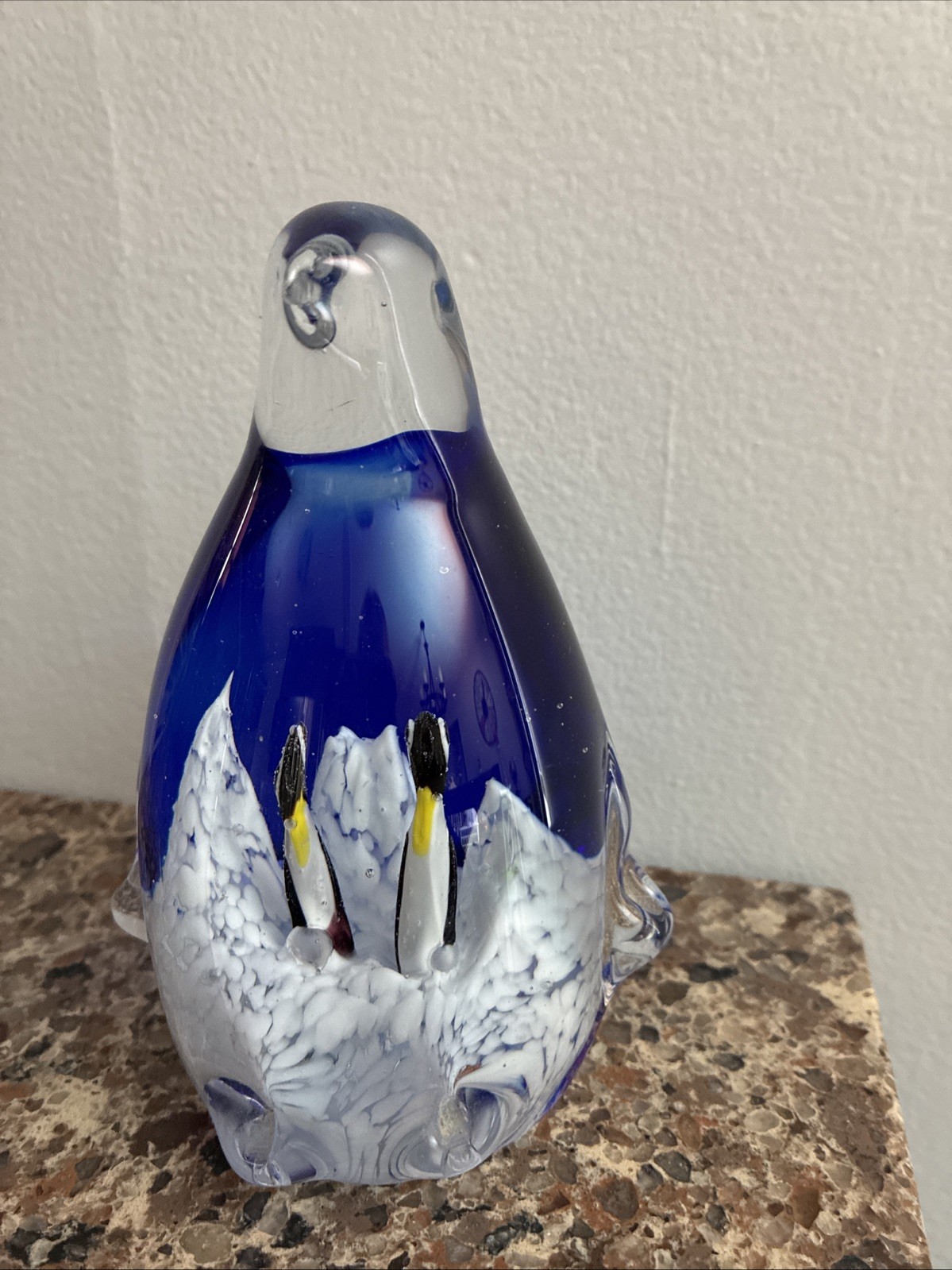 ART GLASS PENQUIN WITH BABIES,CLEAR AND COBALT BLUE
