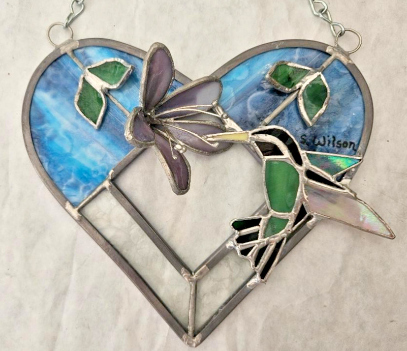 Handcrafted 3 D-Lily Flower/Stained Glass Heart/Hummingbird/New