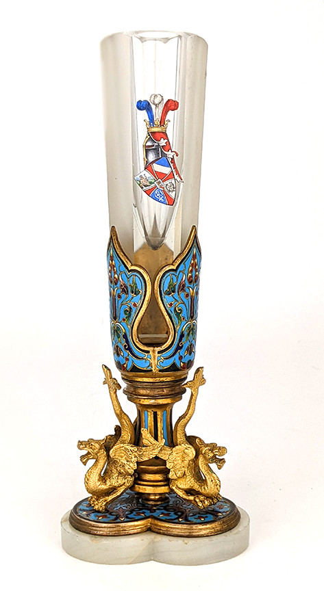 Antique Gilt Bronze Champleve Bud Vase – Enameled Coat of Arms – Gryphons