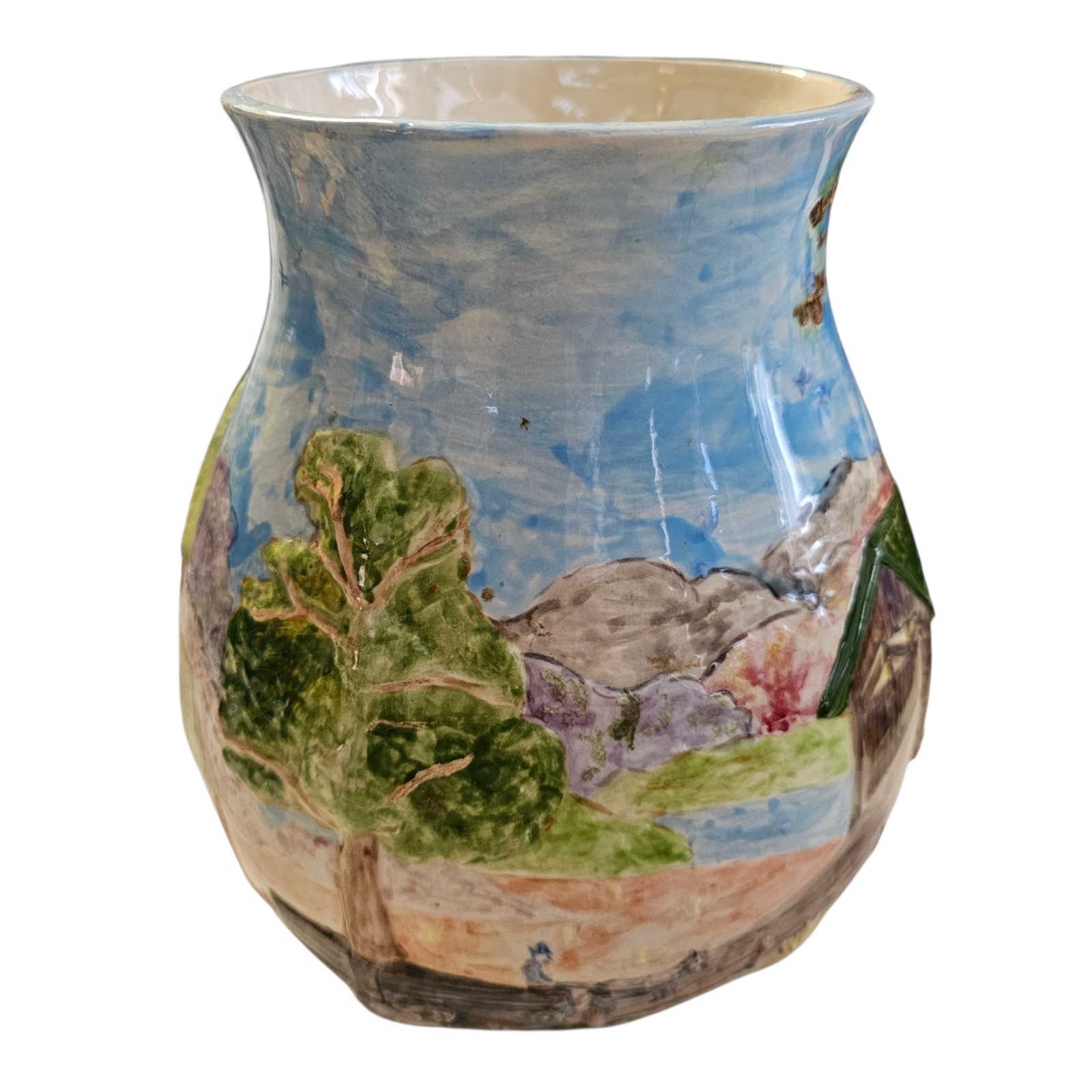 Hand Painted Ceramic Vase 7.75″ Vintage Barn Covered Bridge Trees Mountains 1989