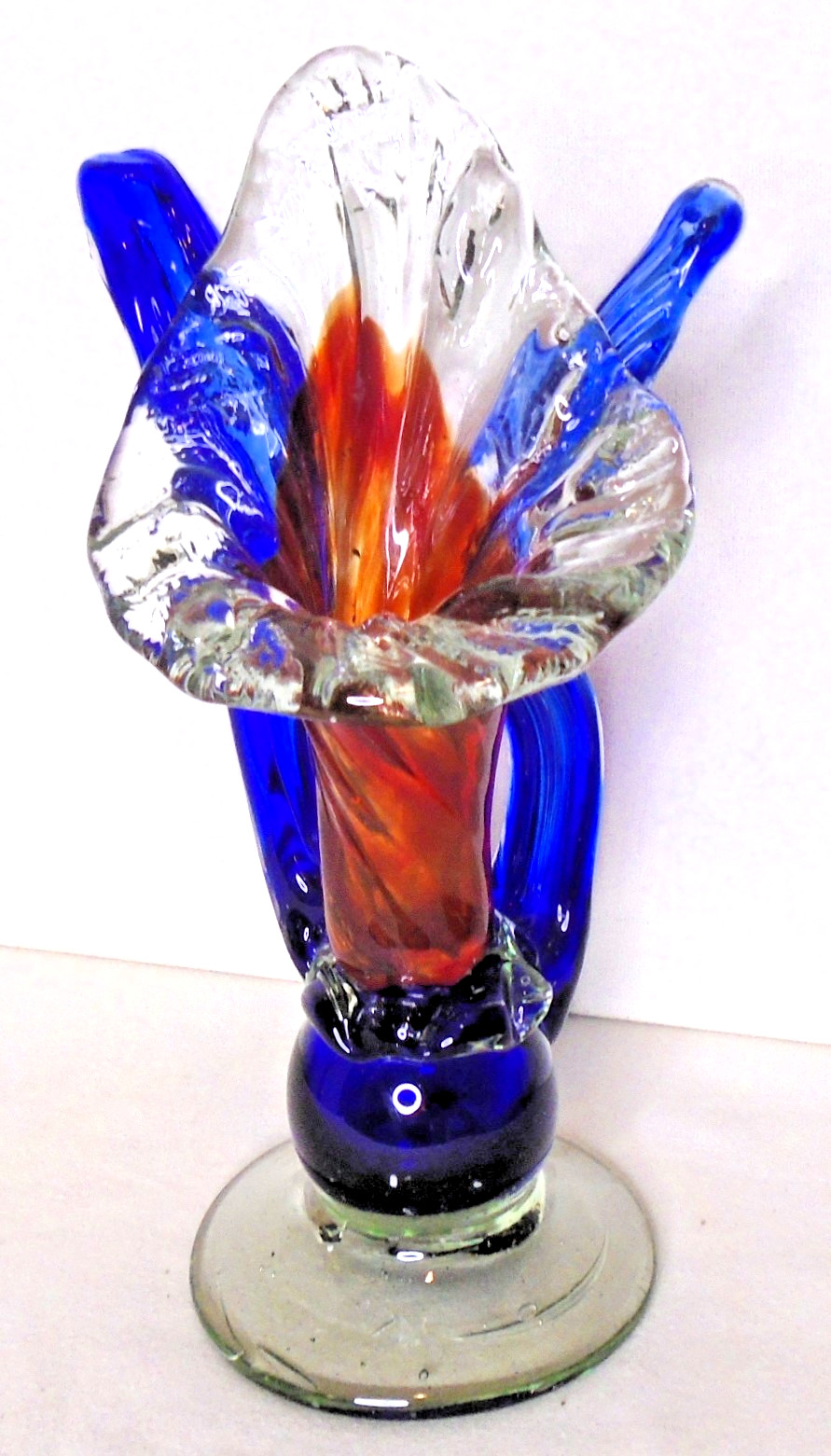 Art Glass Hand Blown Jack In The Pulpit Bud Vase, Blue & Red, 10″
