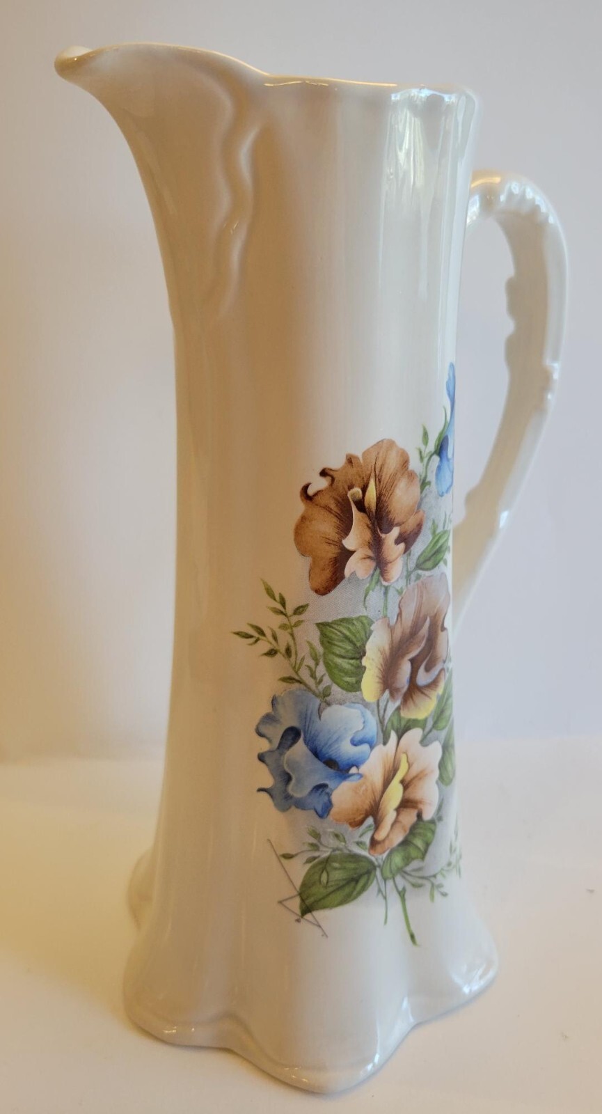 Vintage Cramer Mold #71 PITCHER w/ handpainted flowers. 9.5 inches tall