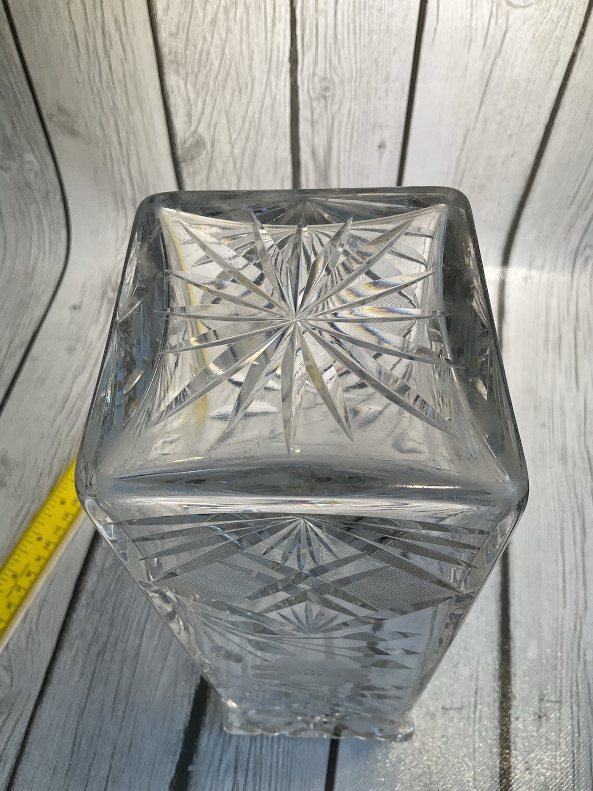 Vintage ABP Cut Crystal Square Glass Vase Flowers Leaves Clear Glass 10” Tall