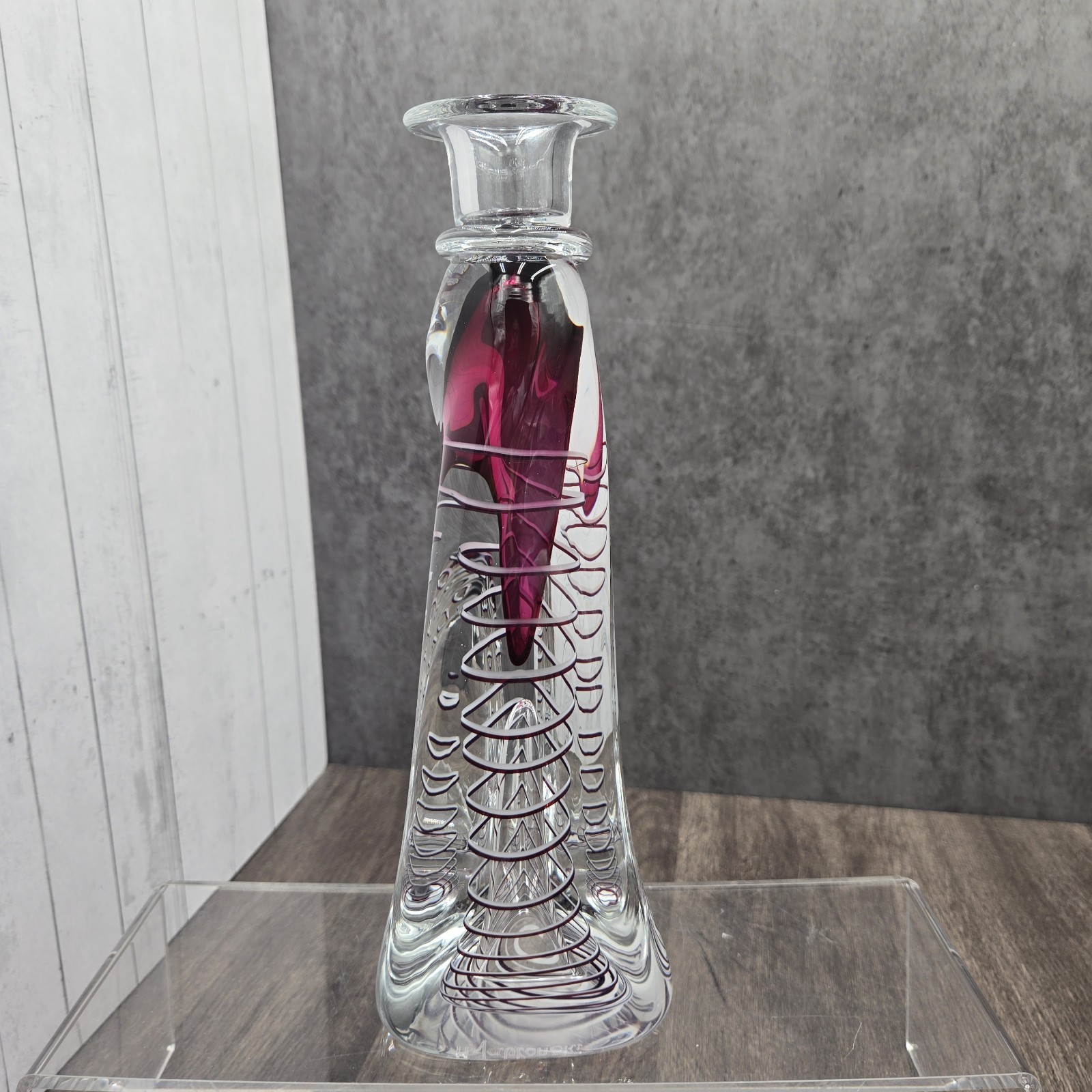Adam Jablonski Blown Glass Candlestick Red Swirl Handcrafted Art Glass 10.5″