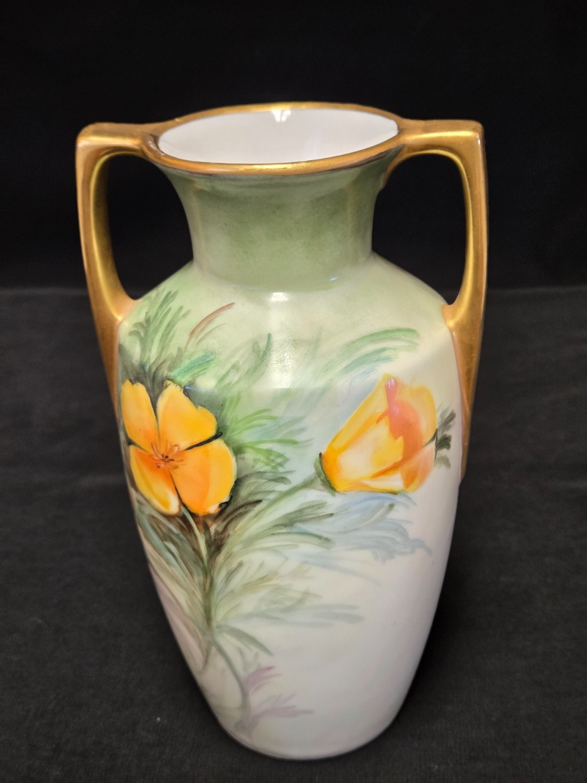 ANTIQUE MZ AUSTRIA, SAMISH’S SAN FRANCISCO, HAND PAINTED PORCELAIN HANDLED VASE