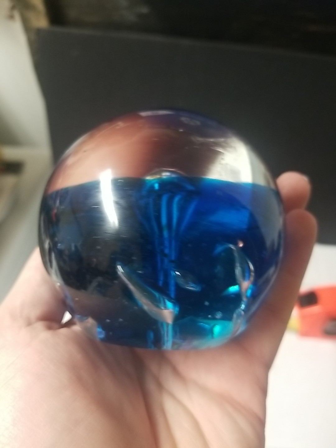 Vintage Glass Ball Blown Paperweight Blue Bubble Configuation 3 1/4″ **Read**