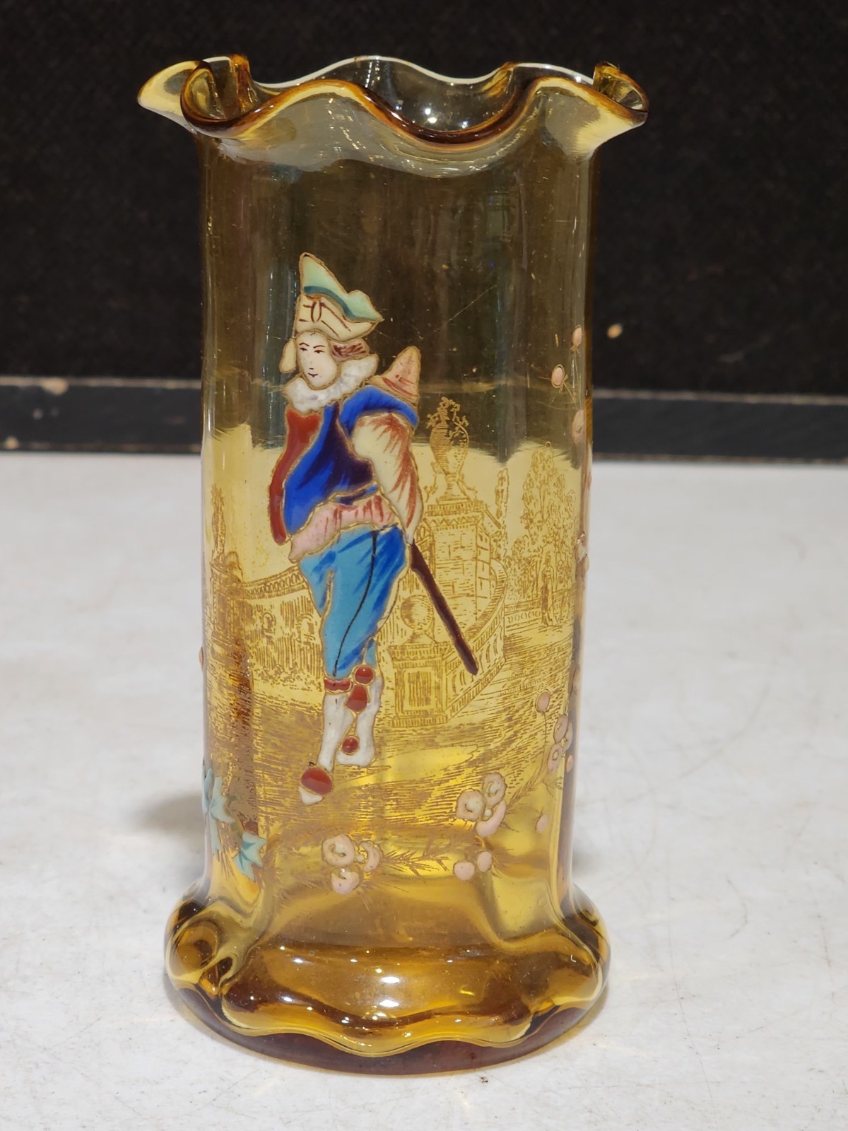 Antique Bohemian Moser Amber Spill Vase Painted Enamel Gentleman