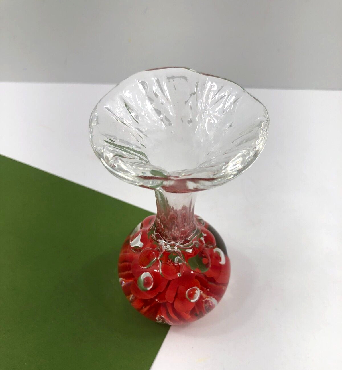 Maude & Bob St Clair Glass Trumpet Flower Paperweight Bud Vase Controlled Bubble