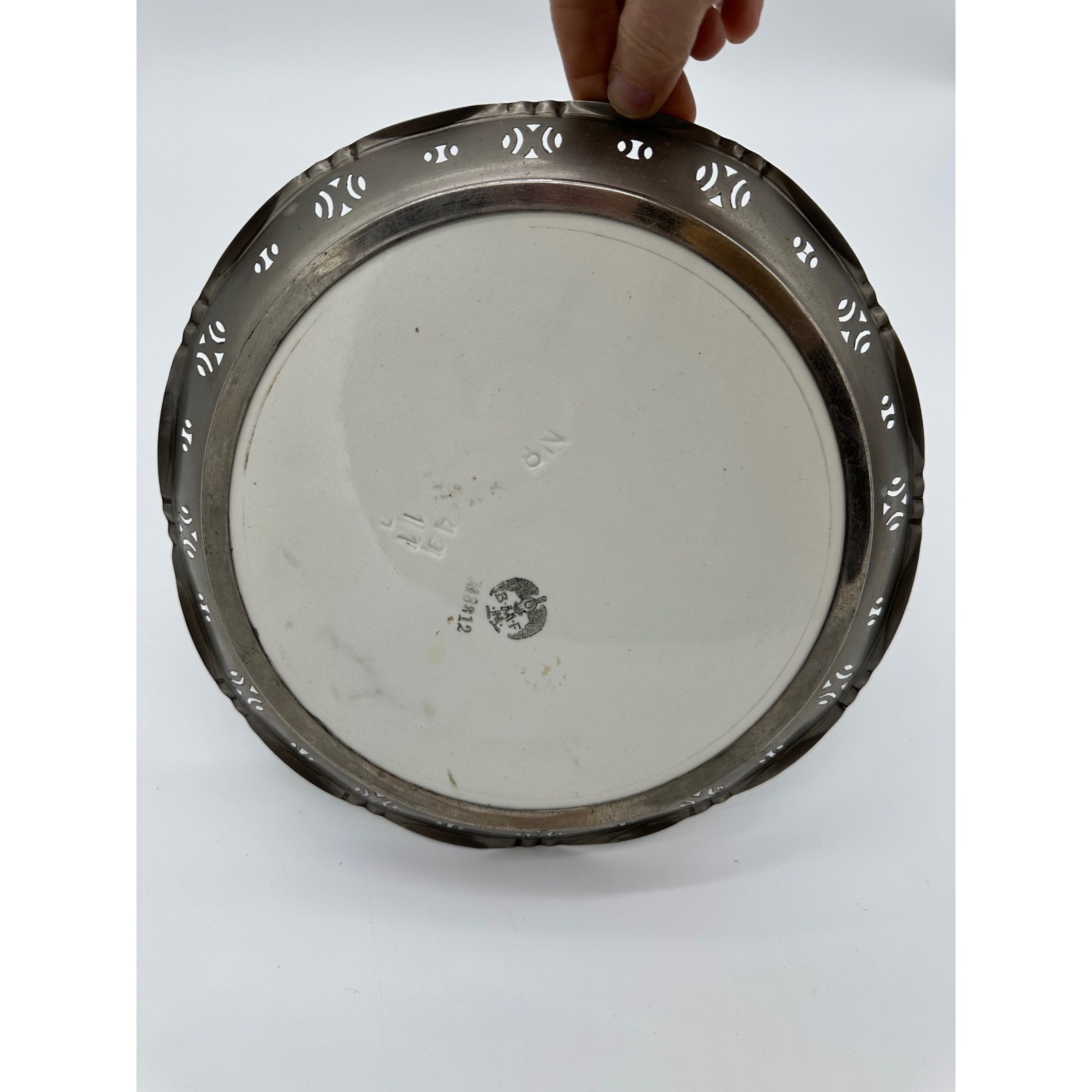 1900 Art Deco Hand Painted Floral plate BMF Germany Metal Cutout Rim