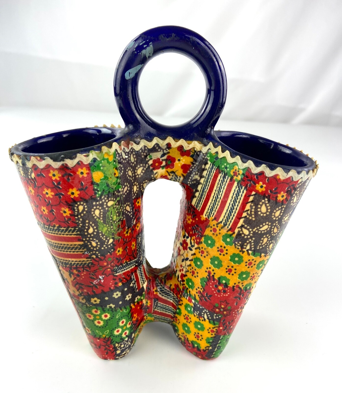 Vintage Patchwork Quilt Design Signed Ceramic Double Sided Vase Rare MCM