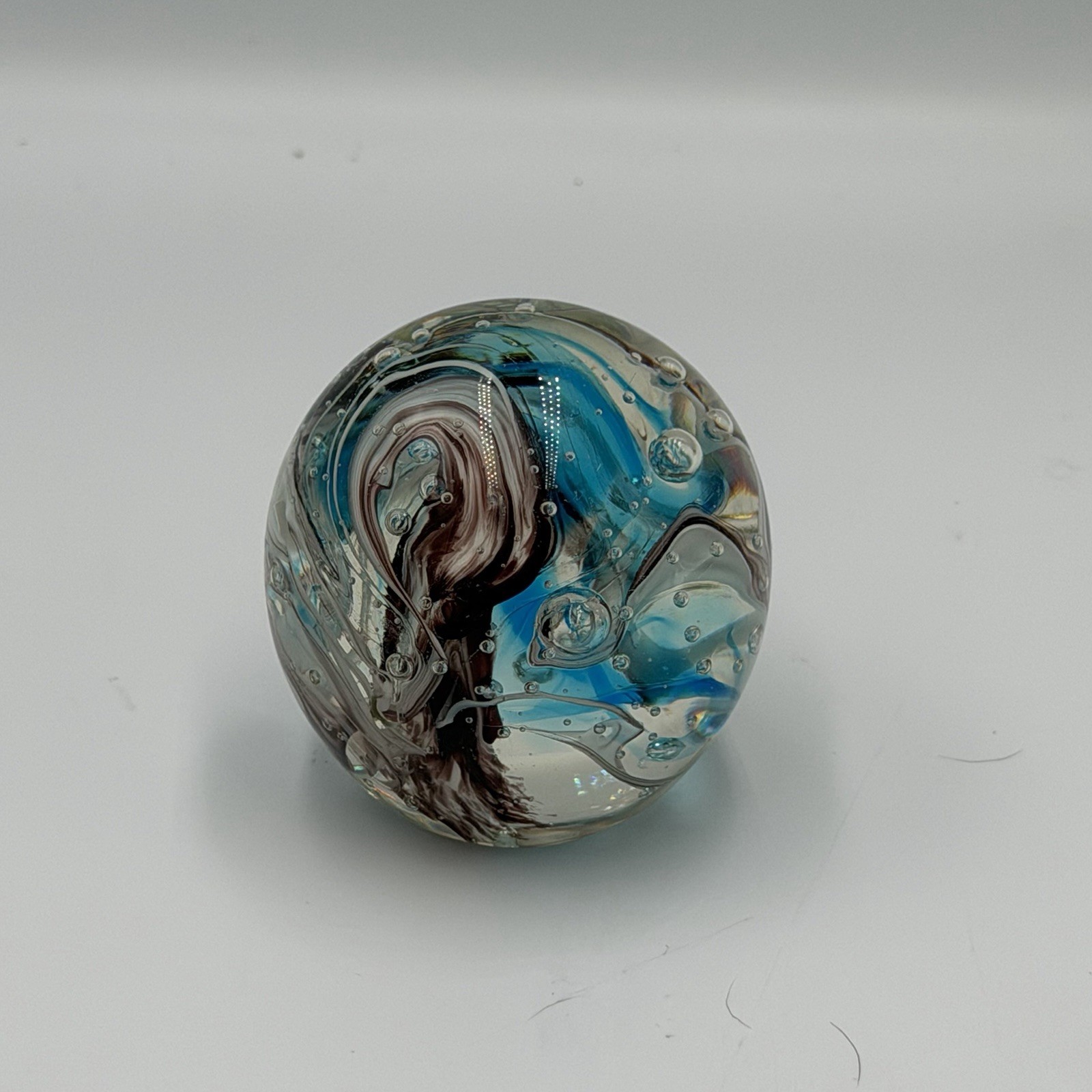Vintage Signed Art Glass Paperweight Purple Blue Swirl Control Bubbles 2.5” UV
