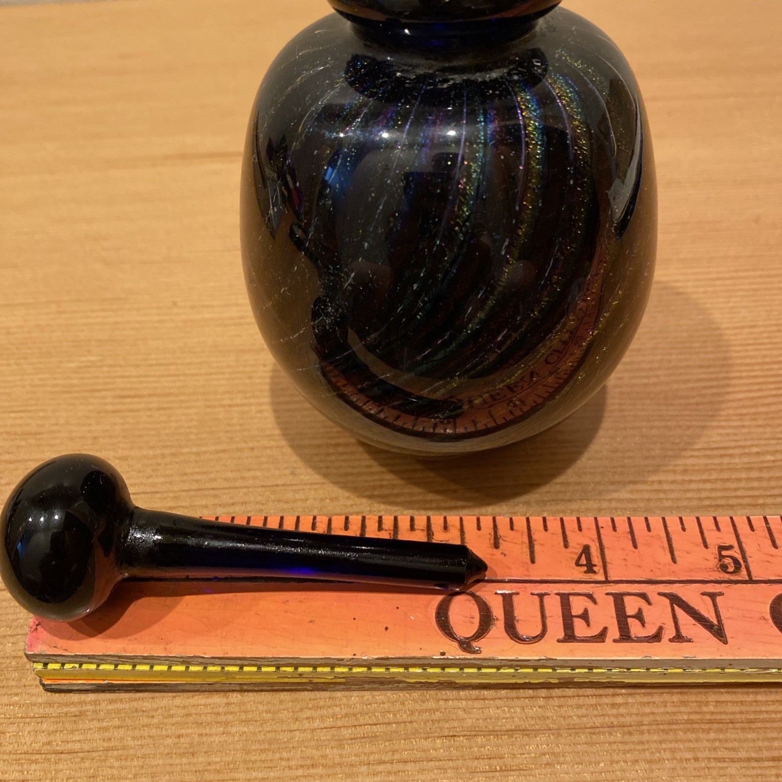 Robert Eickholt Art Glass Perfume Bottle, Black Gold Swirl 1986 Signed