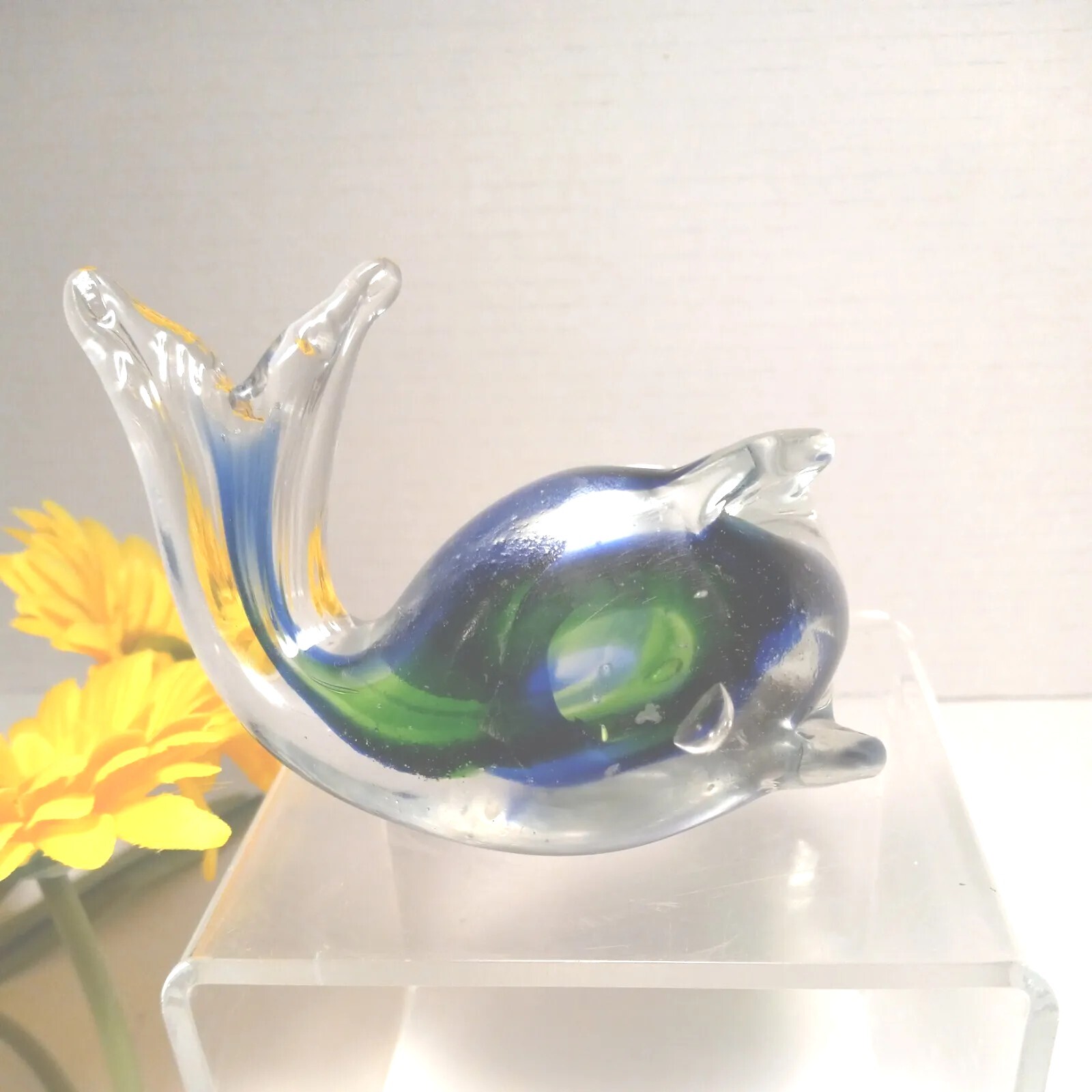 Vitage Murano Style Handblown Glass Seal Paperweight Blue Green Clear 3½”x4″