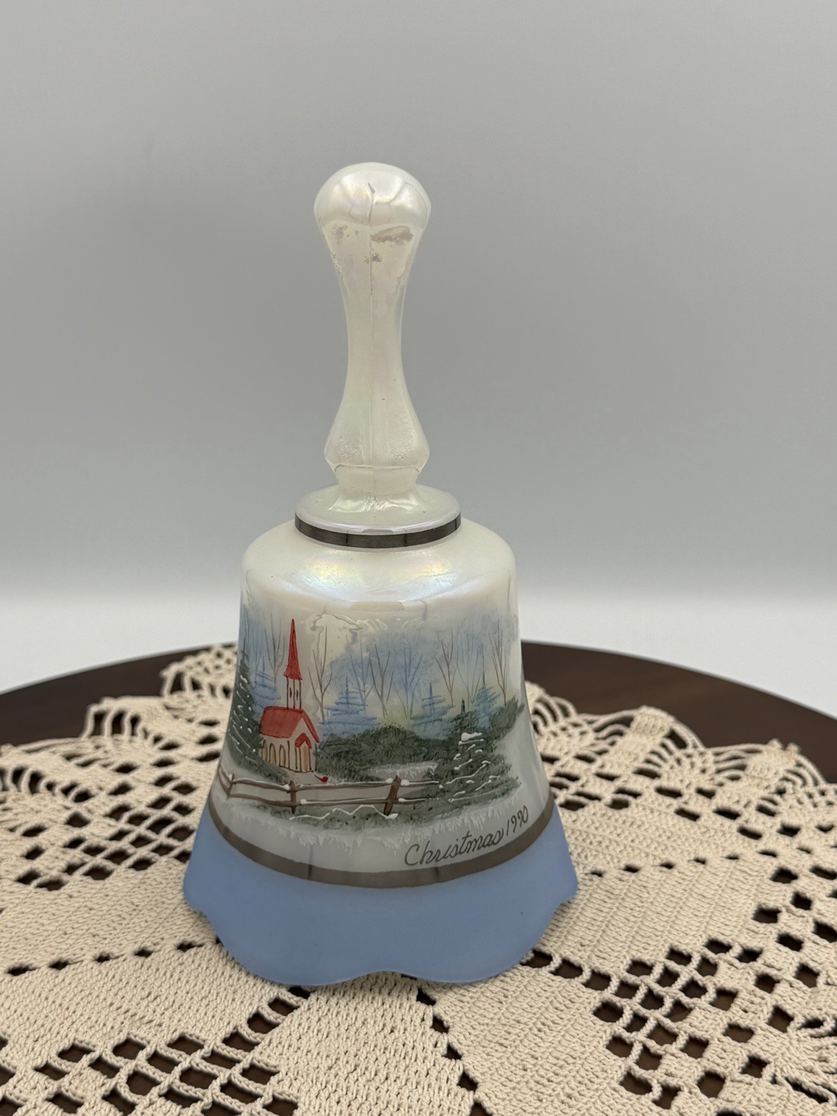 Fenton Winter Scene Christmas Iridescent Bell 1990 Hand Painted D. Fredrick
