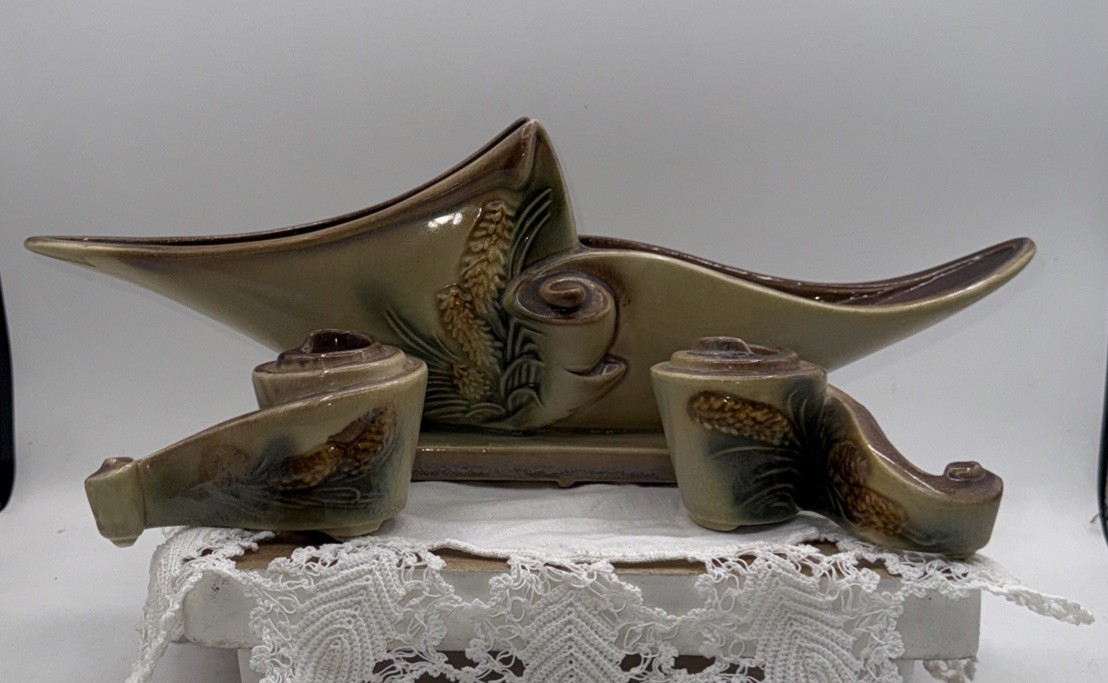VTG MCM Hull Pottery Parchment and Pine Green 3-Piece Console Set 1952-1954 Rare