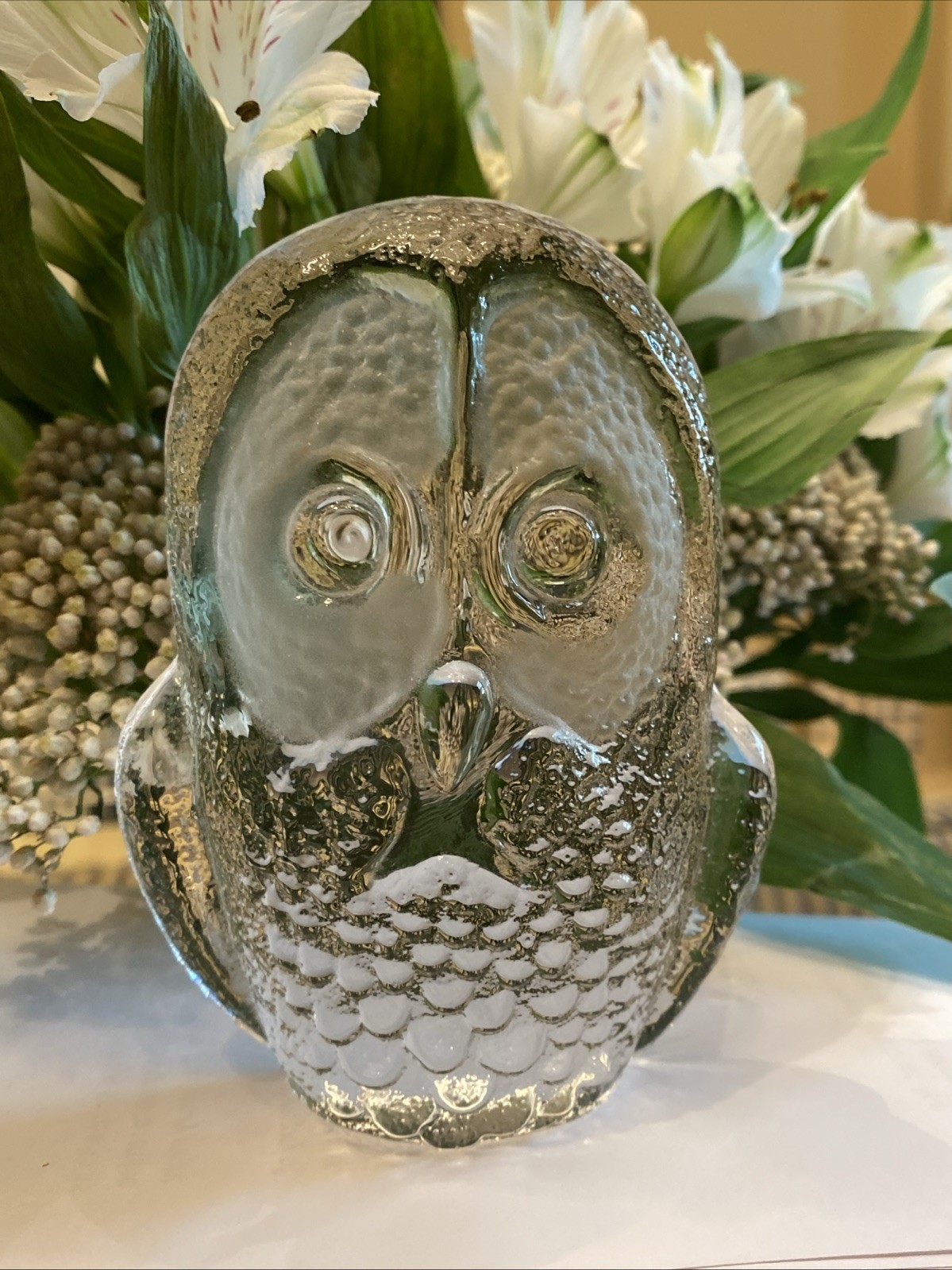 Vtg KOSTA BODA Mats Jonasson Crystal 4.5” Owl Paperweight Sculpture Signed MCM