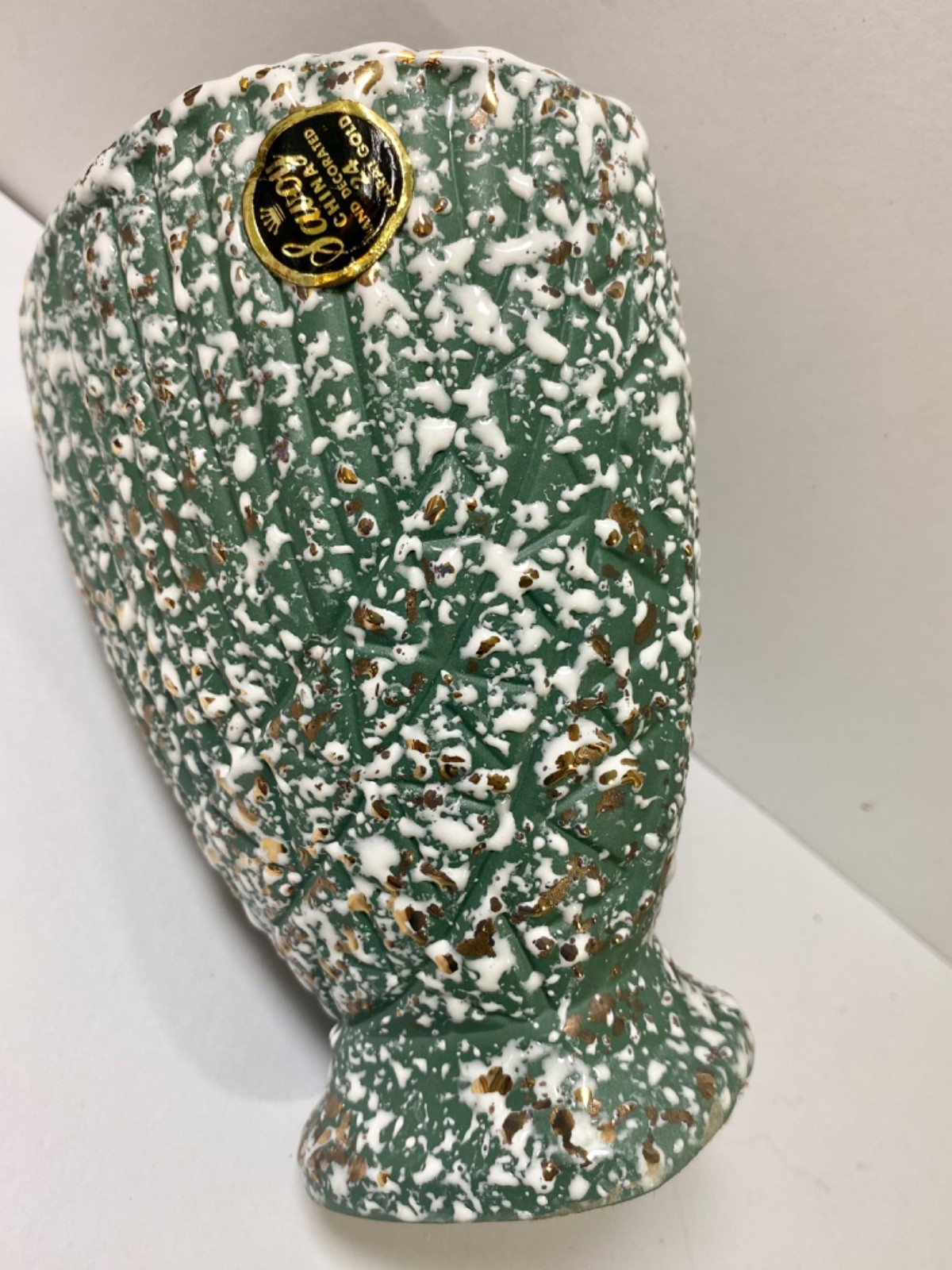 Vtg Savoy Speckle Vase Splatter Art Pottery Green White 24k Gold Planter MCM