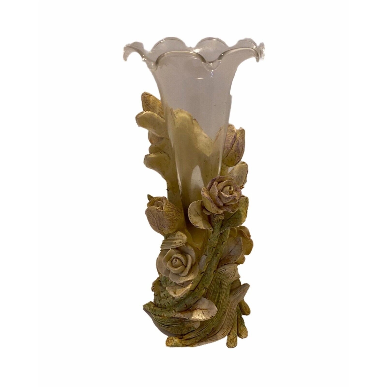 Ceramic and Glass Floral Rose Vase Multicolor Painted Base Vintage