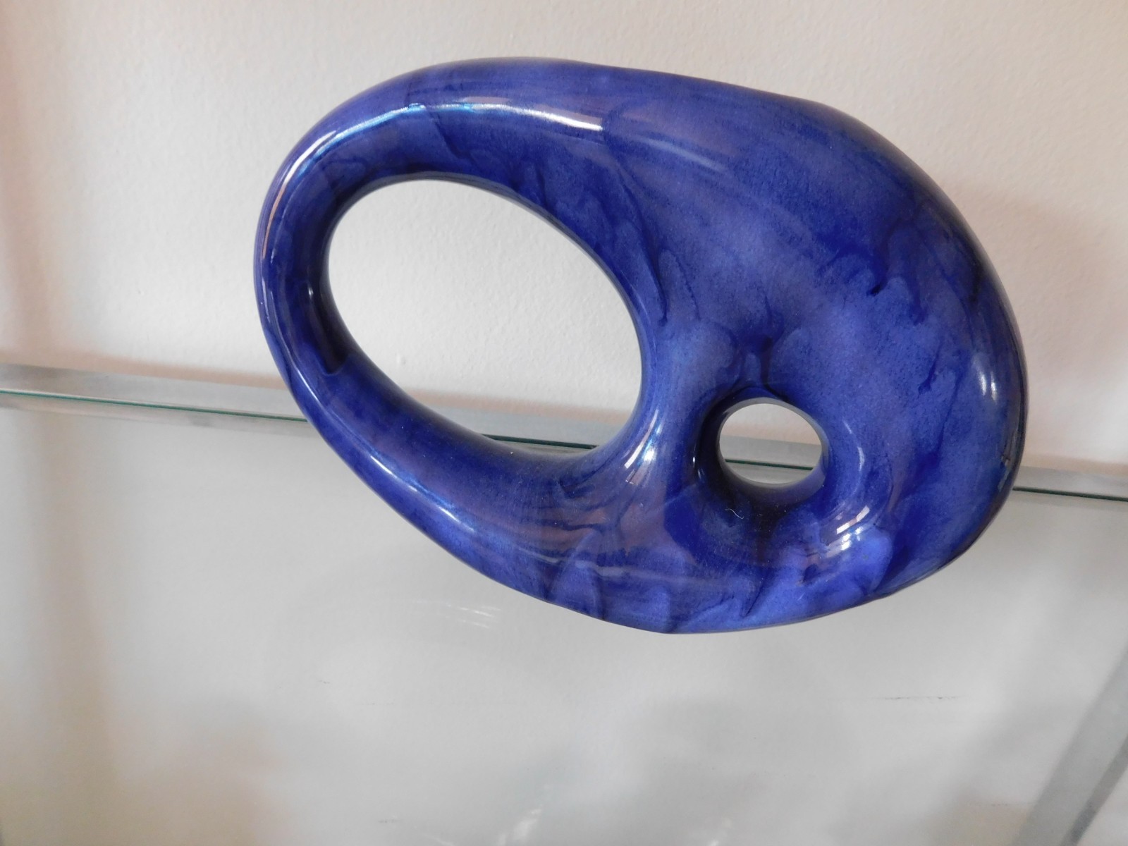 Midcentury M Glazed Art Pottery Double Hole Cobalt Blue Abstract Sculpture Vase