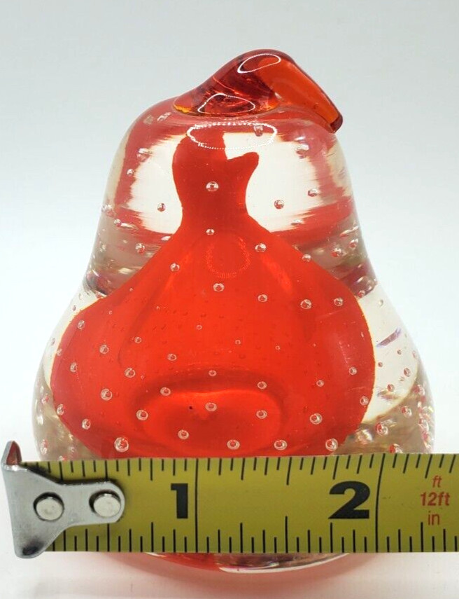 Pear Bullicante Glass Paperweight Hand Blown Red Summerso Clear Pear Shape