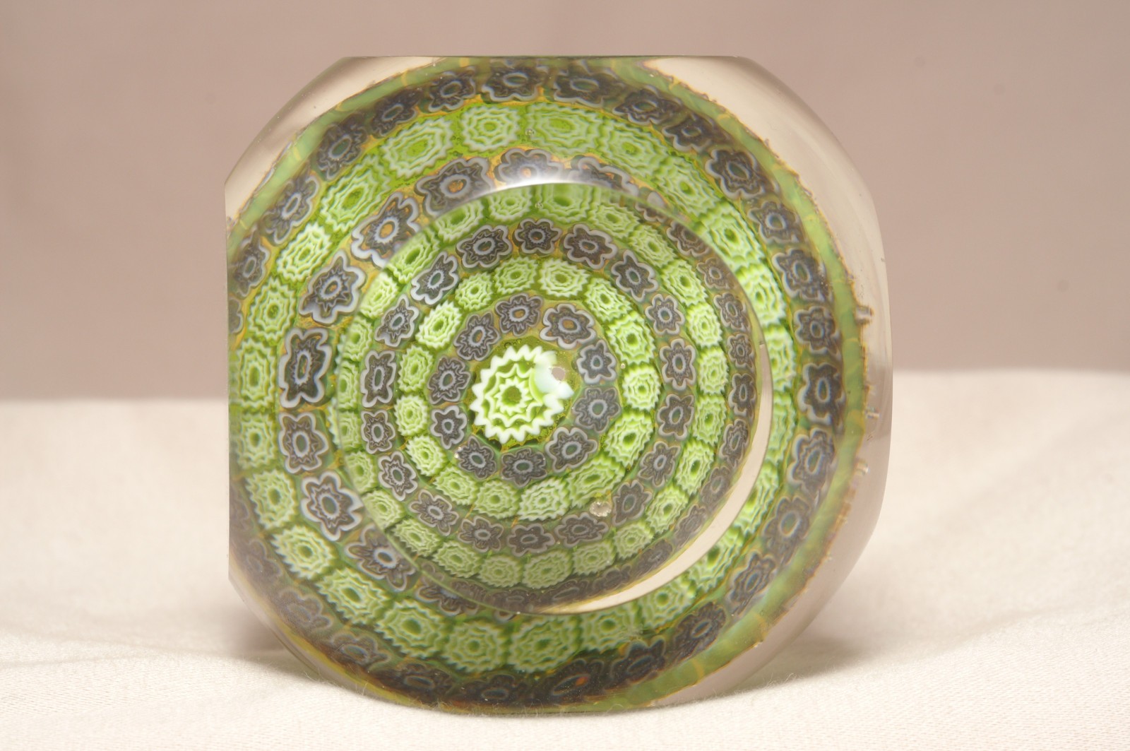 Murano Faceted Glass Millefiori Paperweight Green and Black Canes