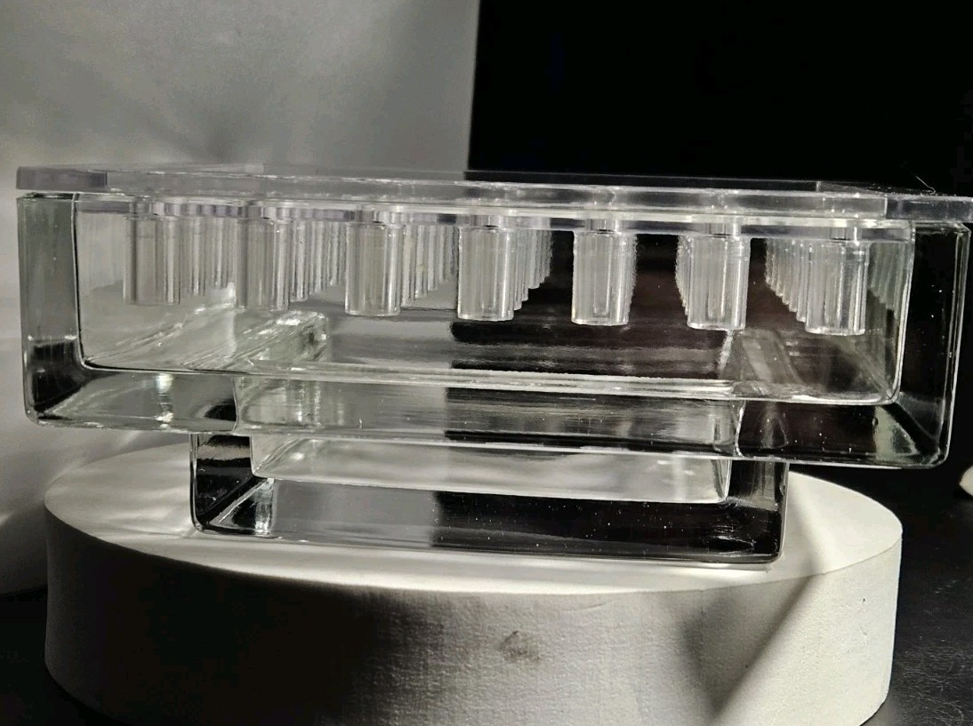 1960s Weidmann Modern Interiors Glass Flower Frog Modernist Cubist Design 6″ X
