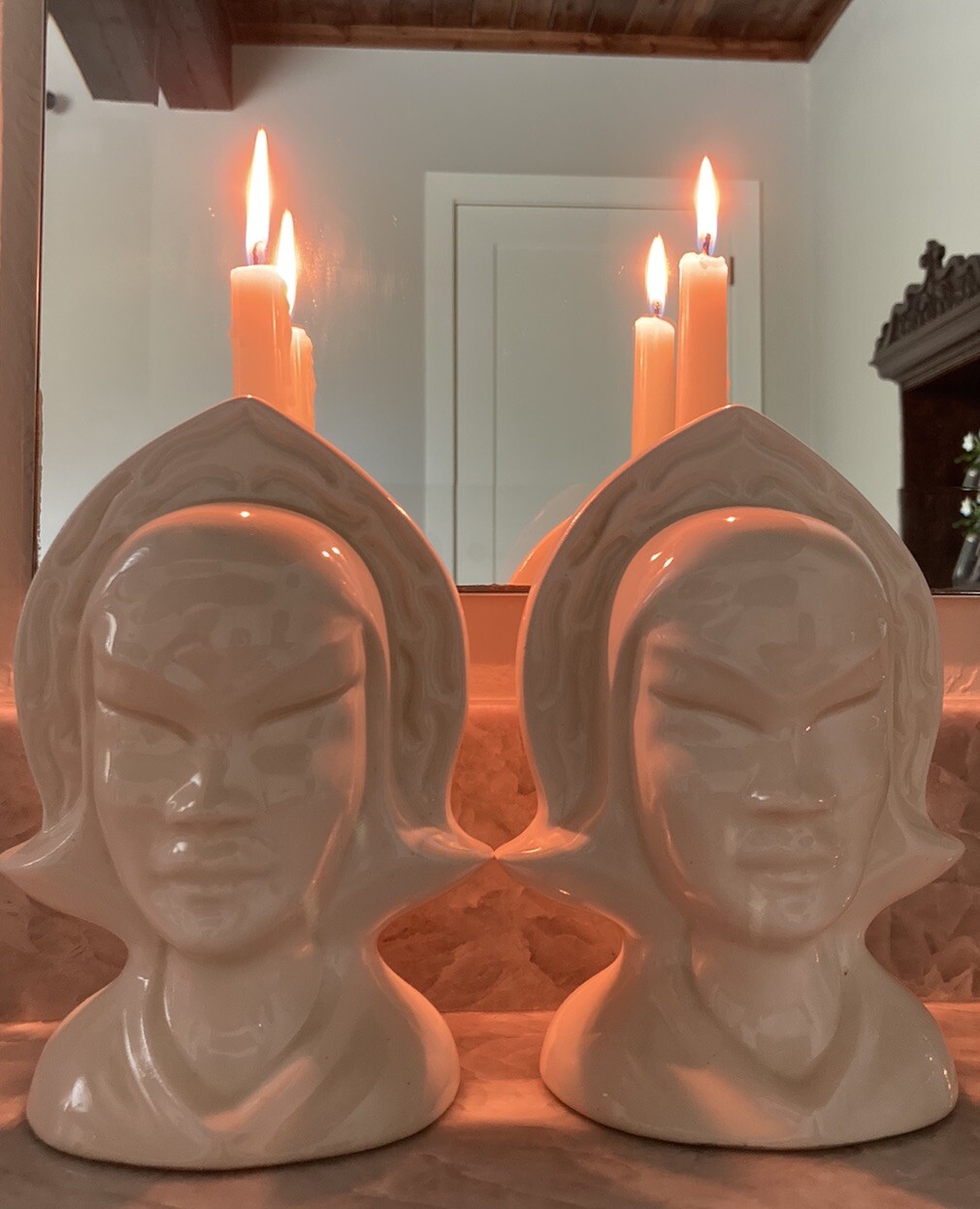Roseville Pair of Burmese Candleholders Buddha Disciple Bust, White Shape 80B