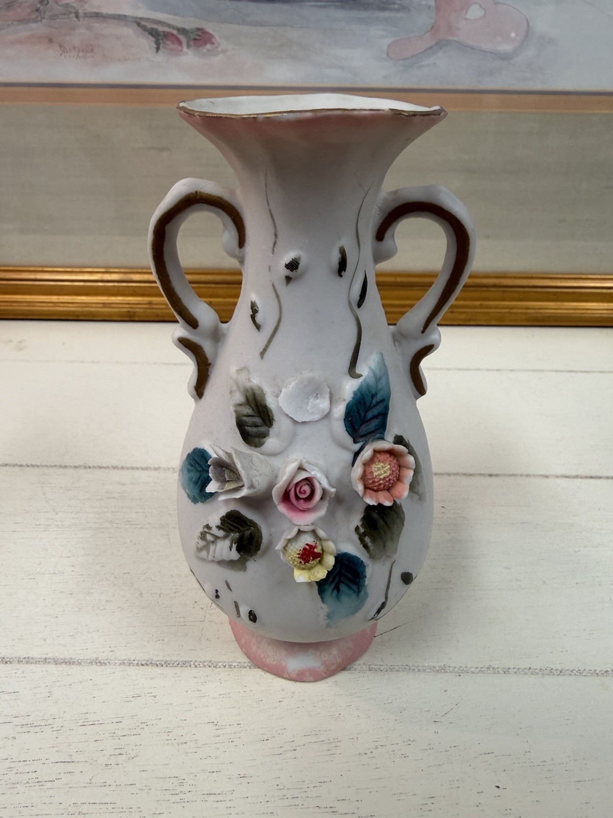 Japan White Ceramic Pottery Vase Applied Floral Rose 3D Printed Mark chipped