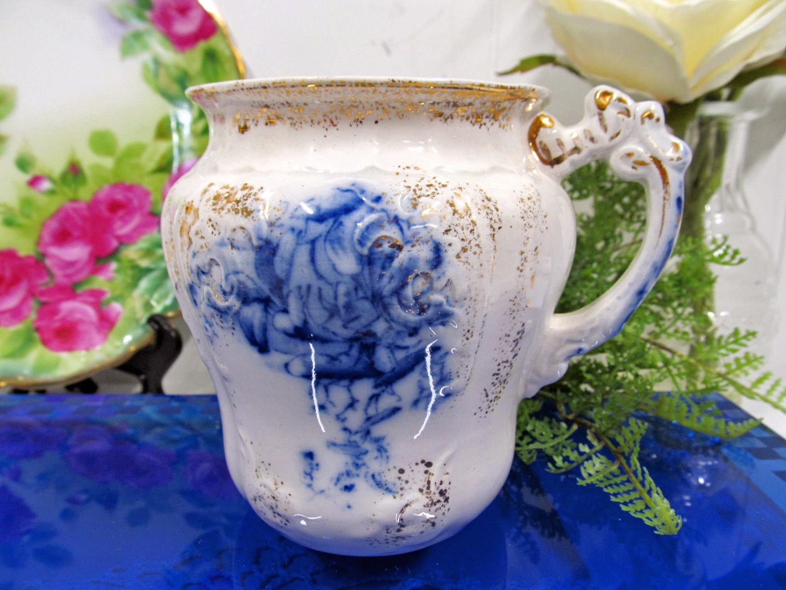 antique Shaving mug Flow Blue floral pattern embossed and raised pattern England