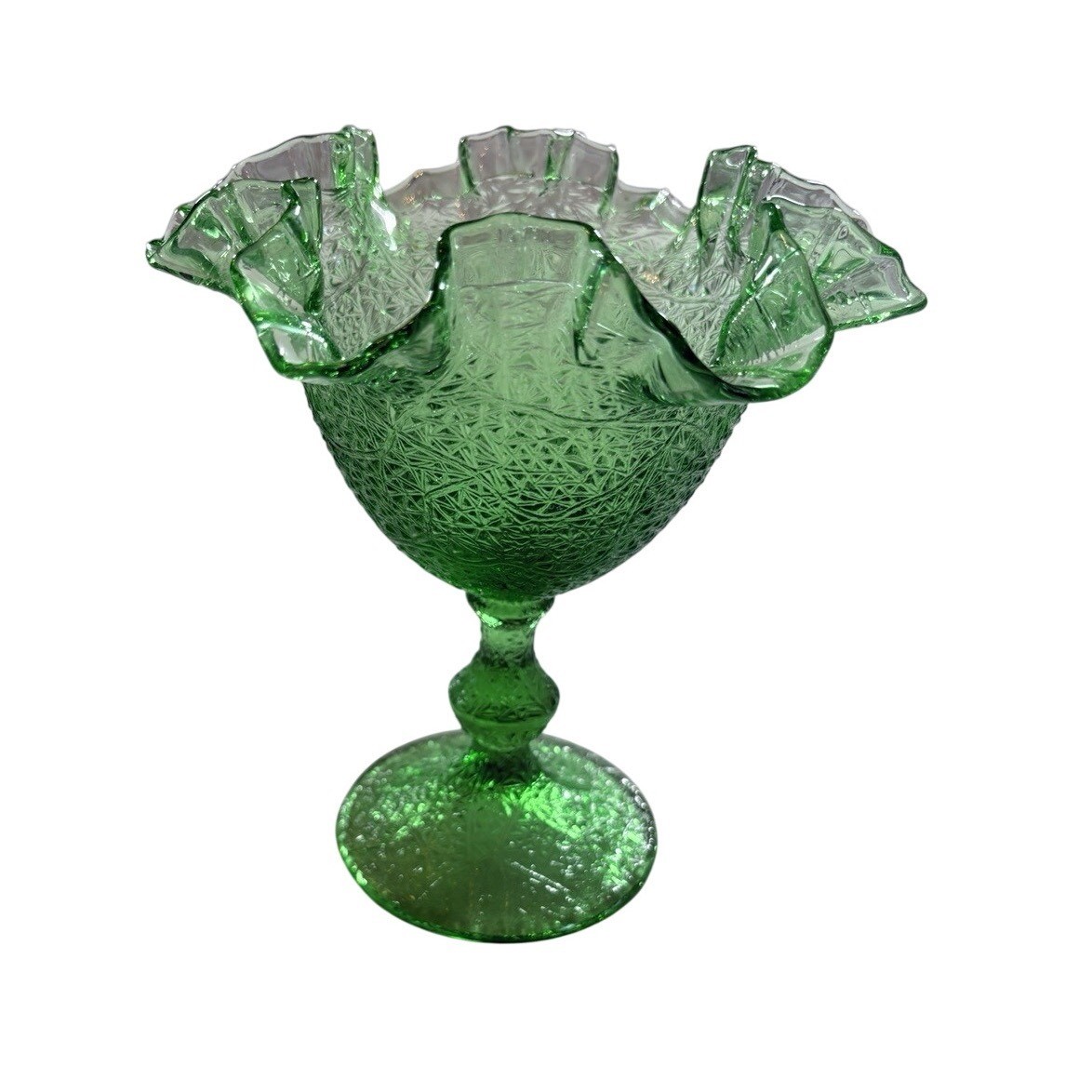 Fenton Glass Compote Green Tree of Life Ruffled Lip 6 to 7 Inches