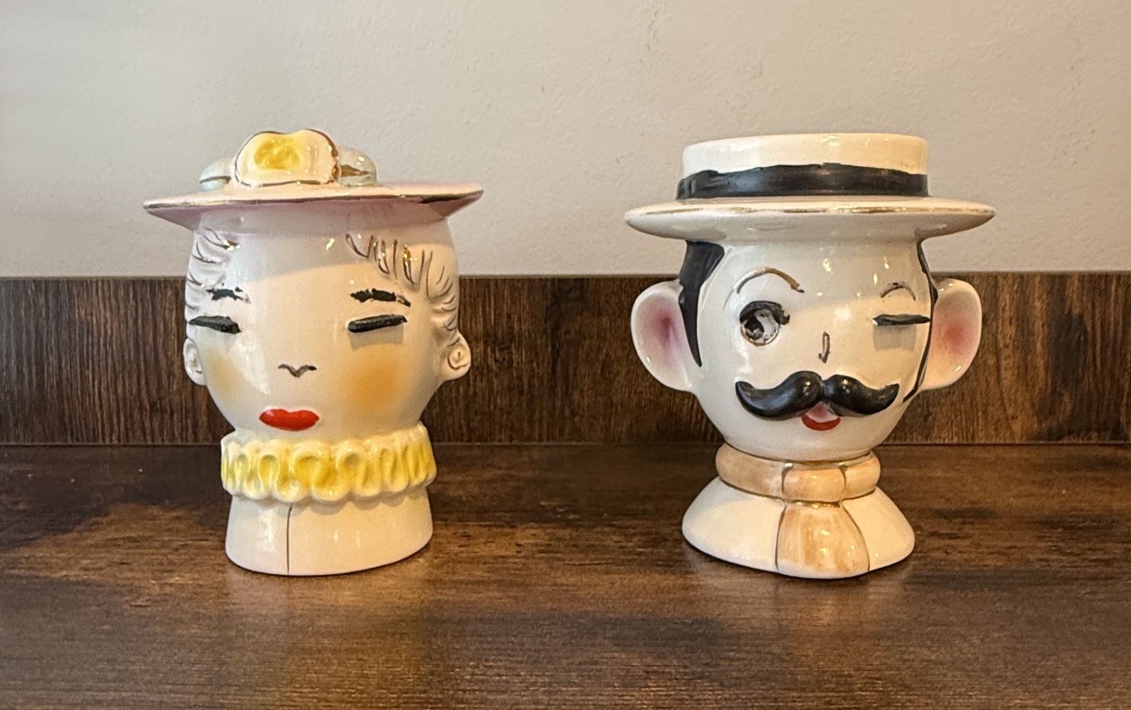 Vintage MCM Irice Ceramic Man & Lady Couple Head Vases