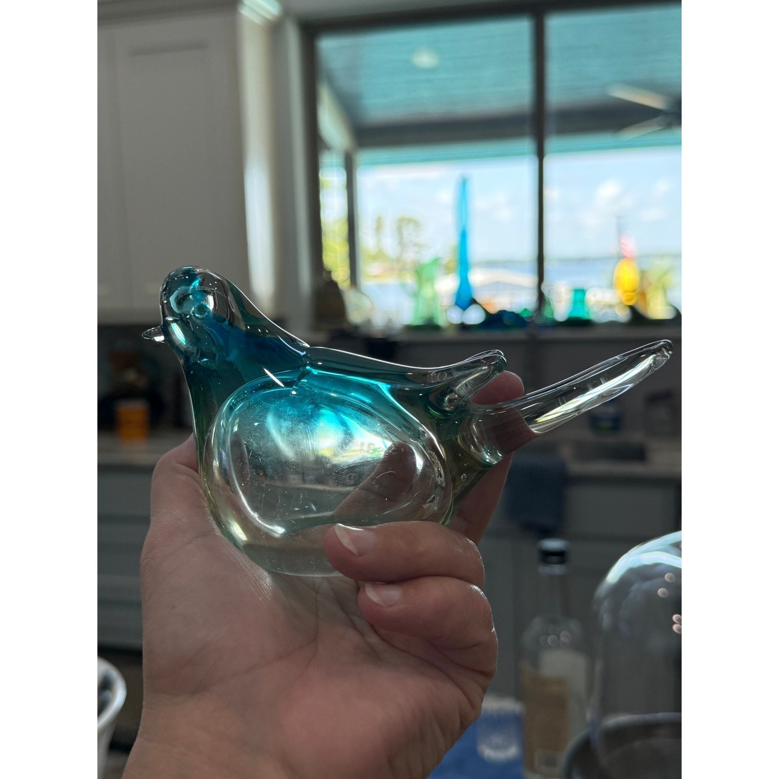 Murano Glass Bird Teal Blue Turquoise Hand Blown Paperweight Mid Century