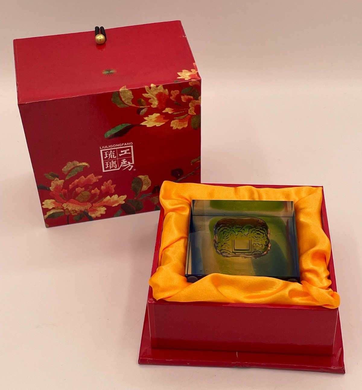 Liuligongfang Green and Blue Crystal Art Glass Paperweight, 2010, with Booklet