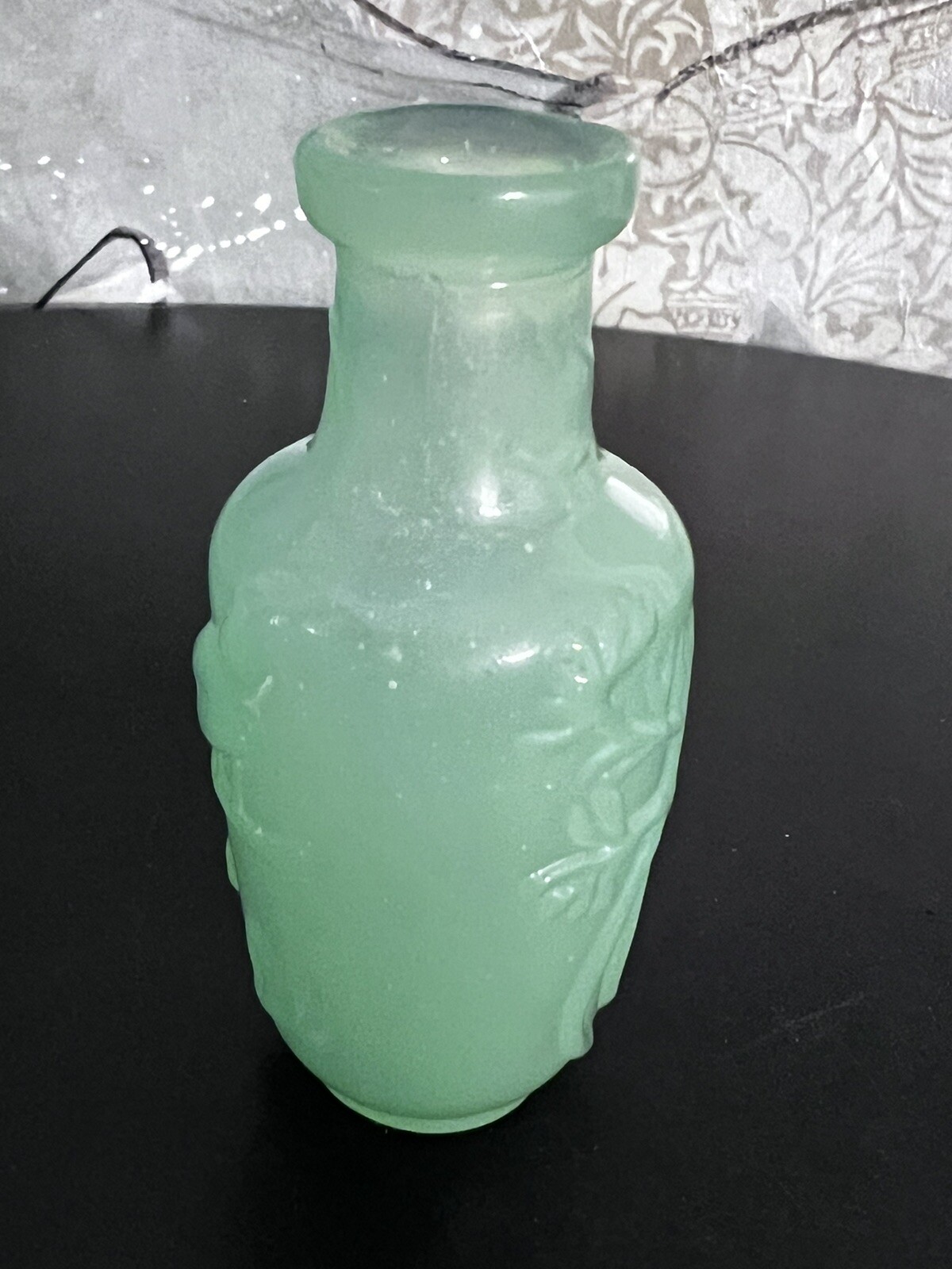 Jade Green Glass Mini Bottle Vase Bird On Branch – 3.5″