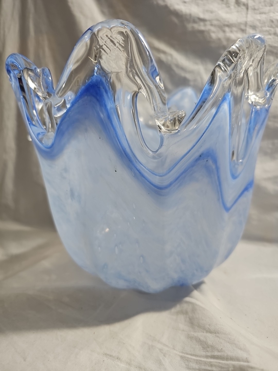 Large Murano Art Glass Vase Bowl Italy Hand Made Label Blue Unique Style Rare