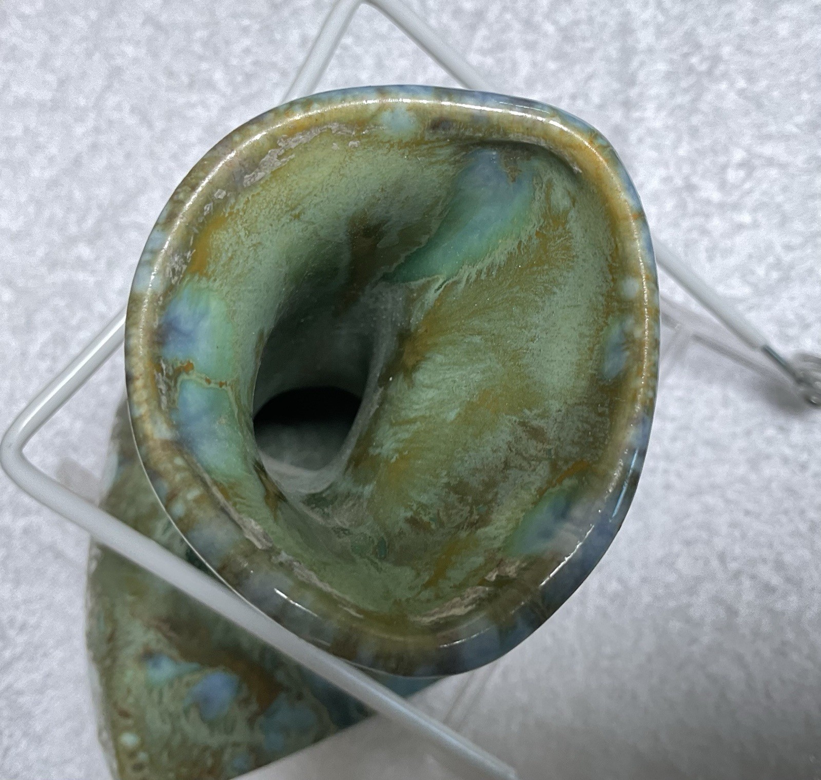 Signed Monterey Jade art pottery tri-corner 7.25” vase